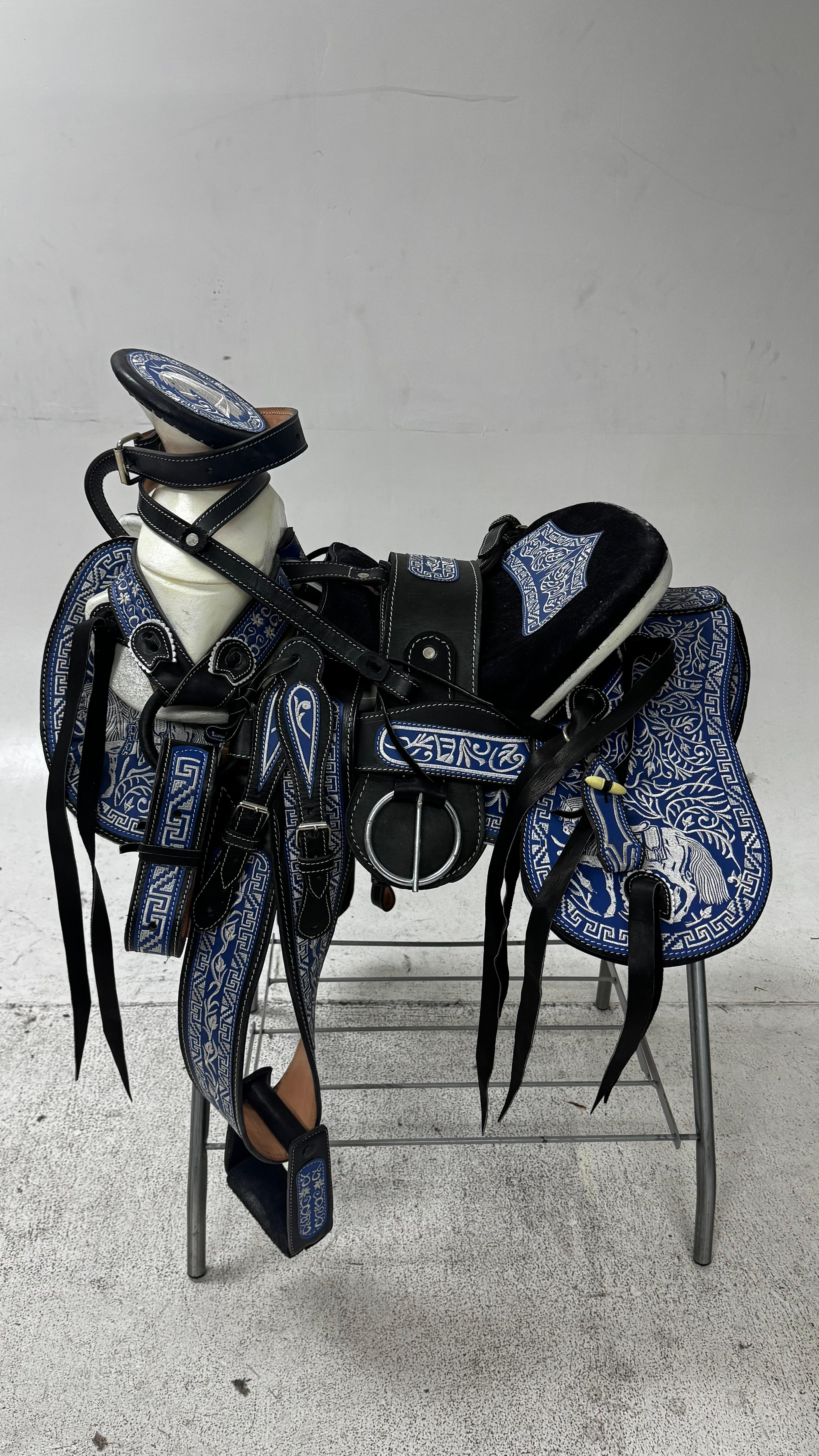 Charro Saddle – Black Suede with Blue & Silver Embroidery (15.5”) “El Relámpago Azul”