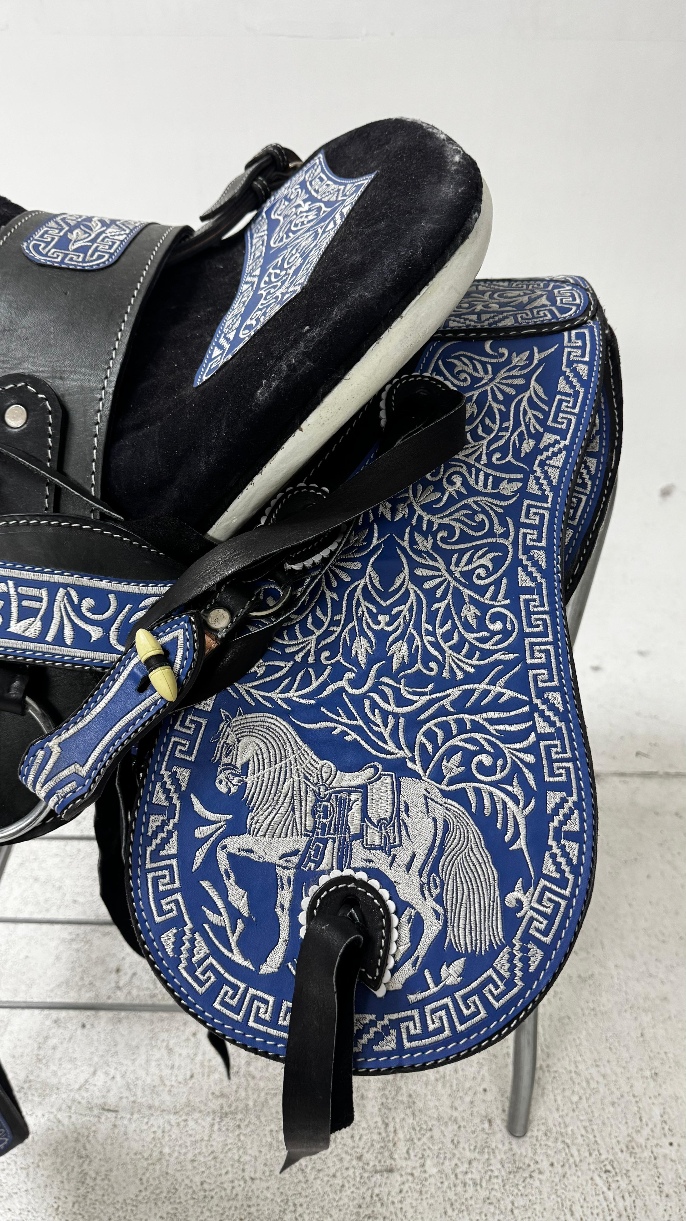 Charro Saddle – Black Suede with Blue & Silver Embroidery (15.5”) “El Relámpago Azul”