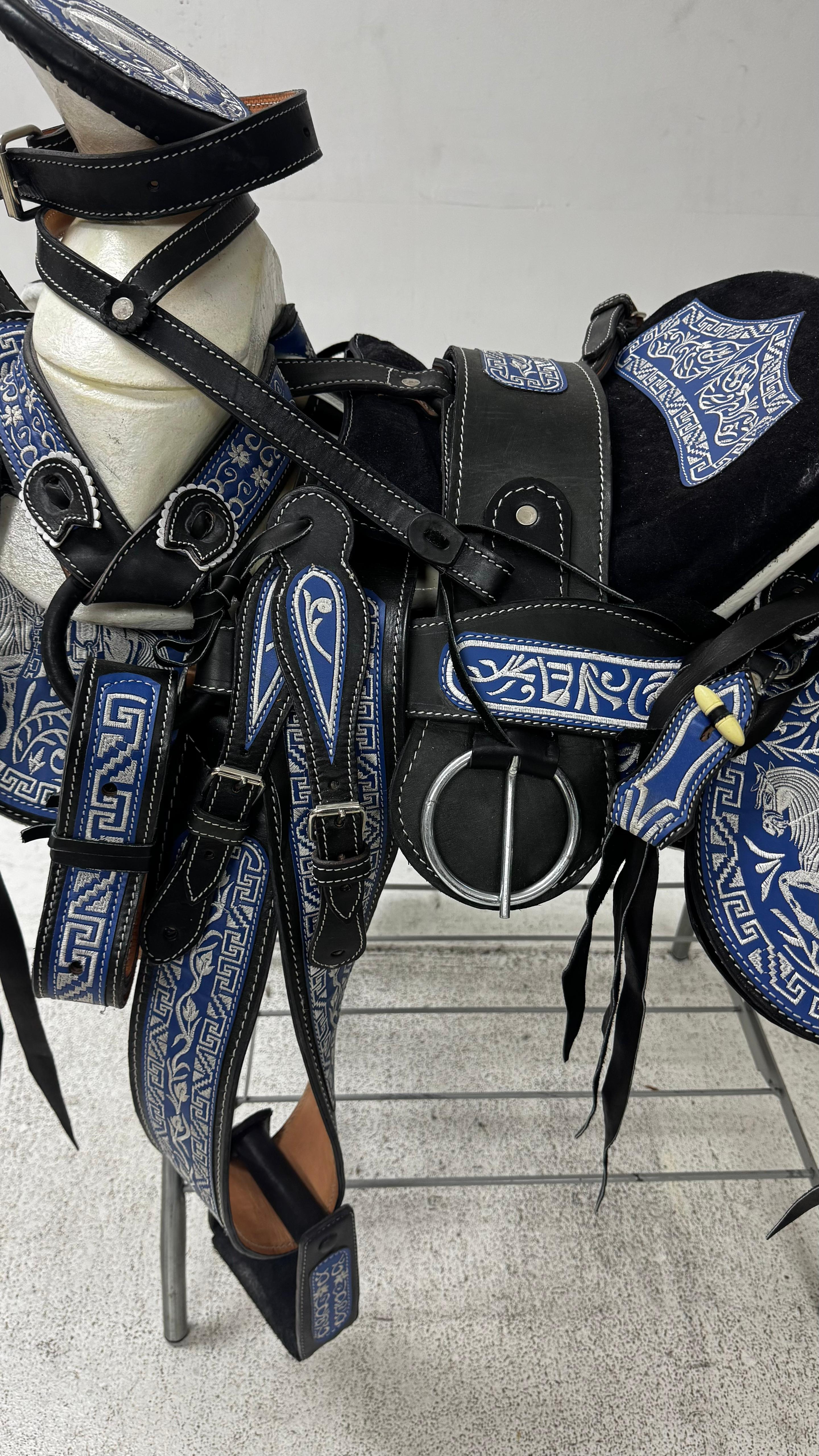 Charro Saddle – Black Suede with Blue & Silver Embroidery (15.5”) “El Relámpago Azul”