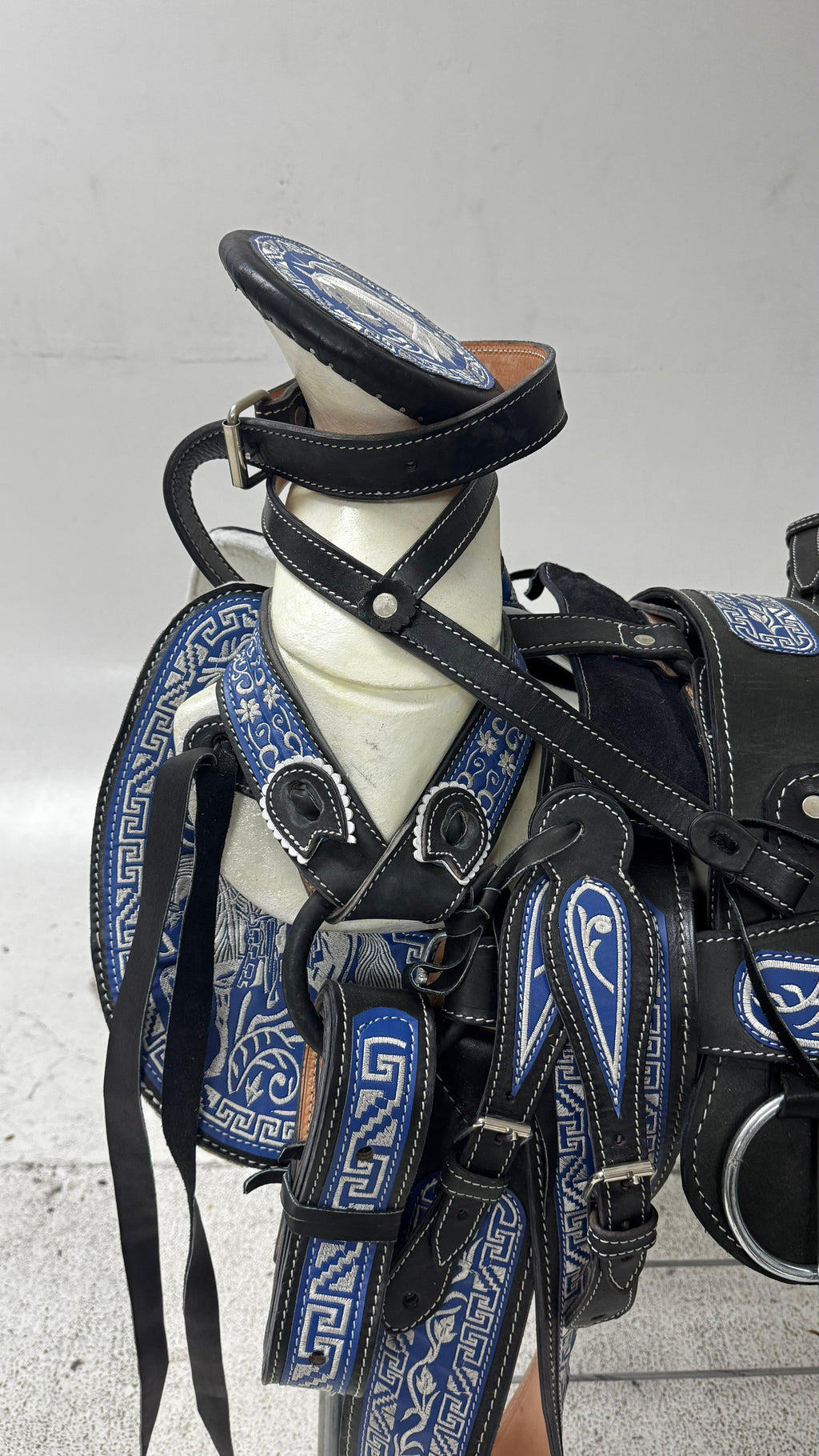 Charro Saddle – Black Suede with Blue & Silver Embroidery (15.5”) “El Relámpago Azul”