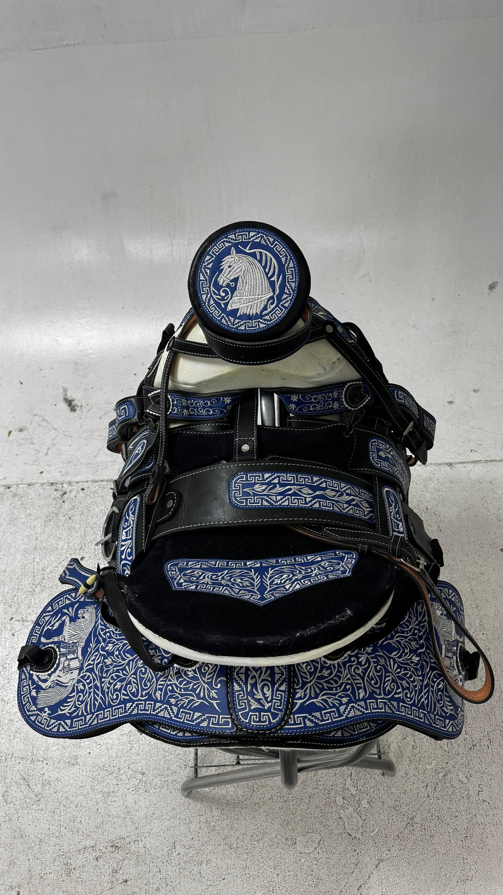 Charro Saddle – Black Suede with Blue & Silver Embroidery (15.5”) “El Relámpago Azul”