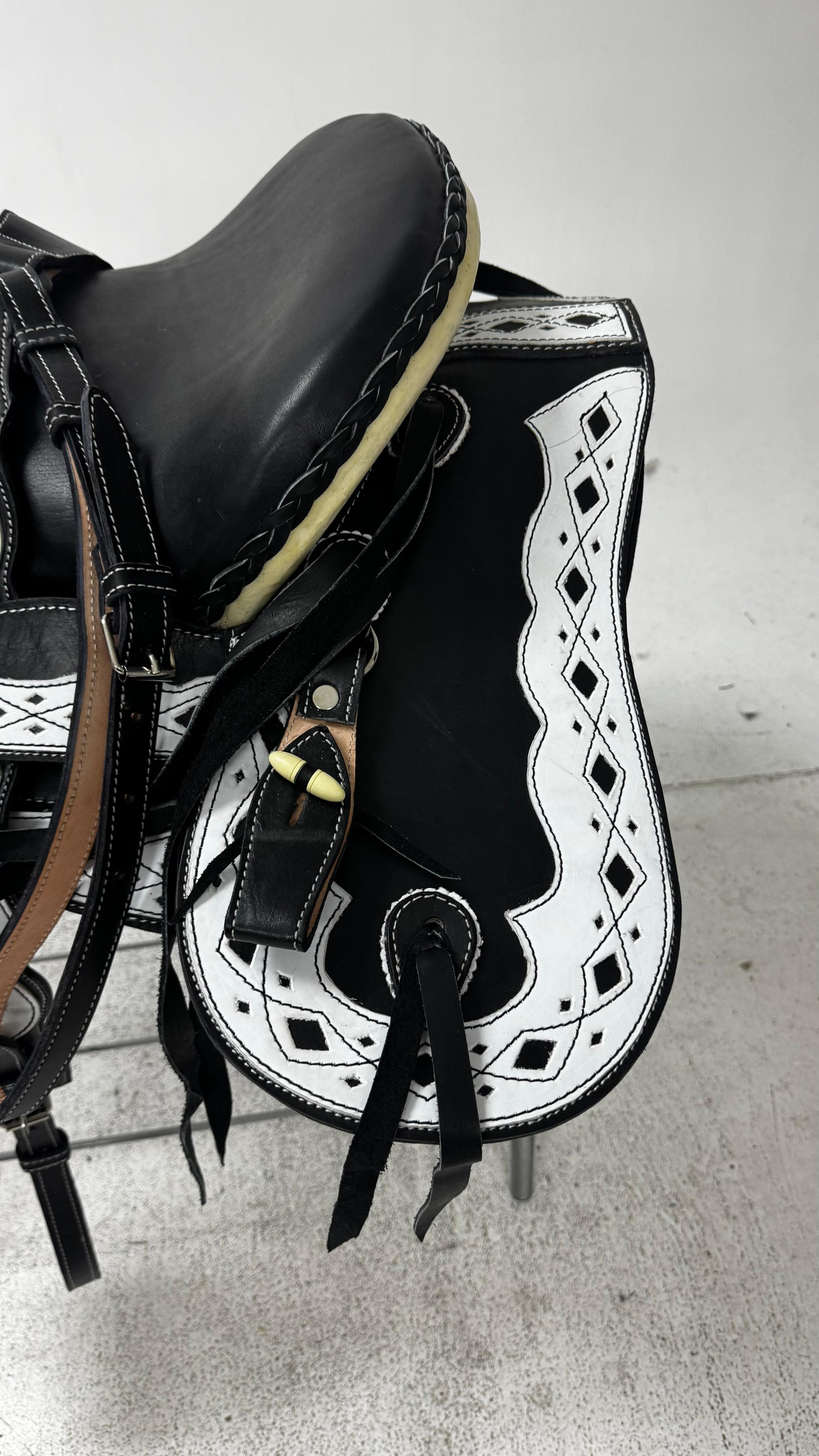 Charro Saddle – Black Leather with White Cutout Detailing (15.5”) “El Centinela”