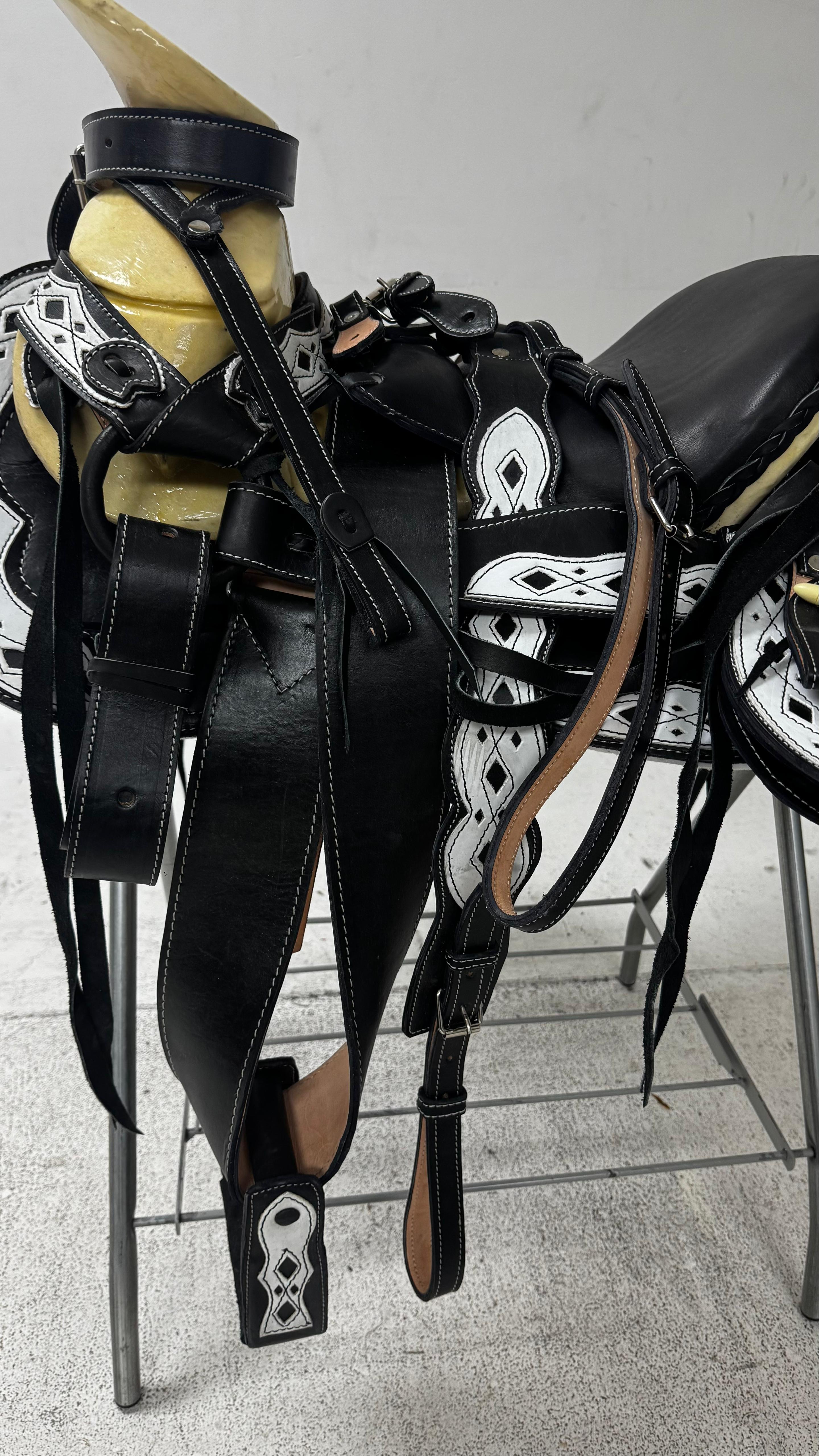Charro Saddle – Black Leather with White Cutout Detailing (15.5”) “El Centinela”