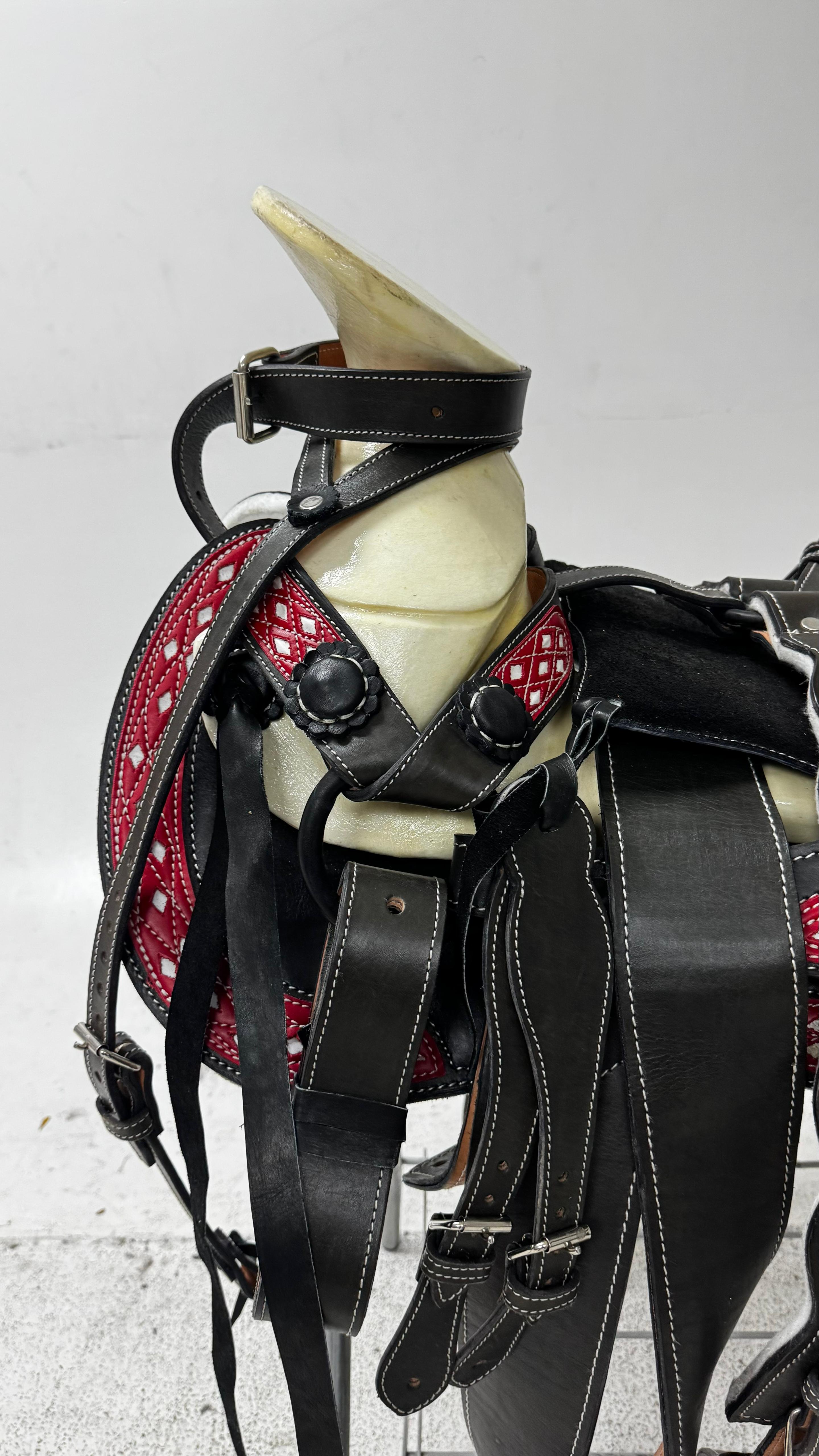 Charro Saddle – Black Leather with Red & White Detailing (15.5”) “El Guerrero Rojo”