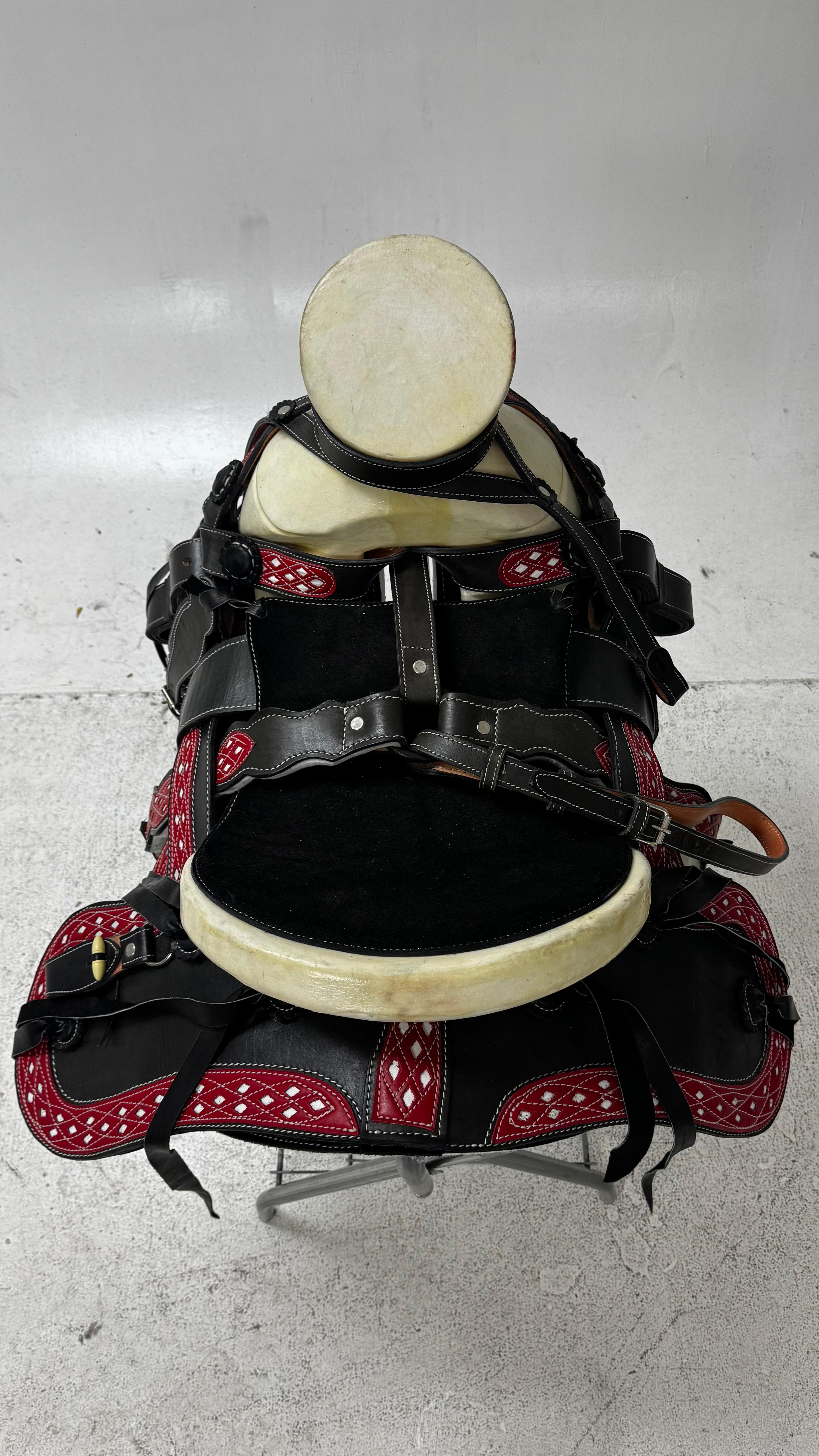 Charro Saddle – Black Leather with Red & White Detailing (15.5”) “El Guerrero Rojo”