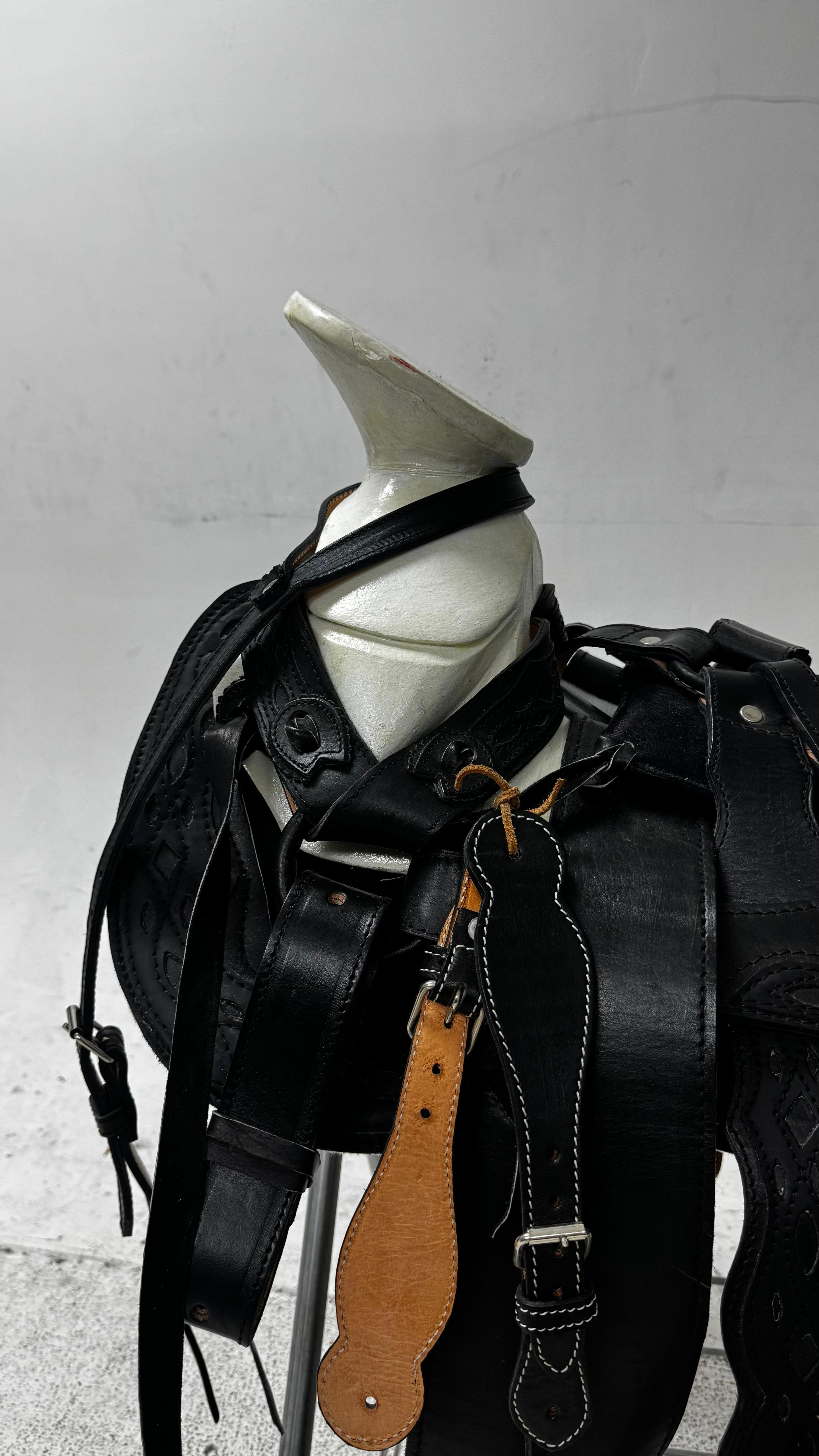 Charro Saddle – All-Black Leather with Suede Detailing (15.5”) “El Fantasma”