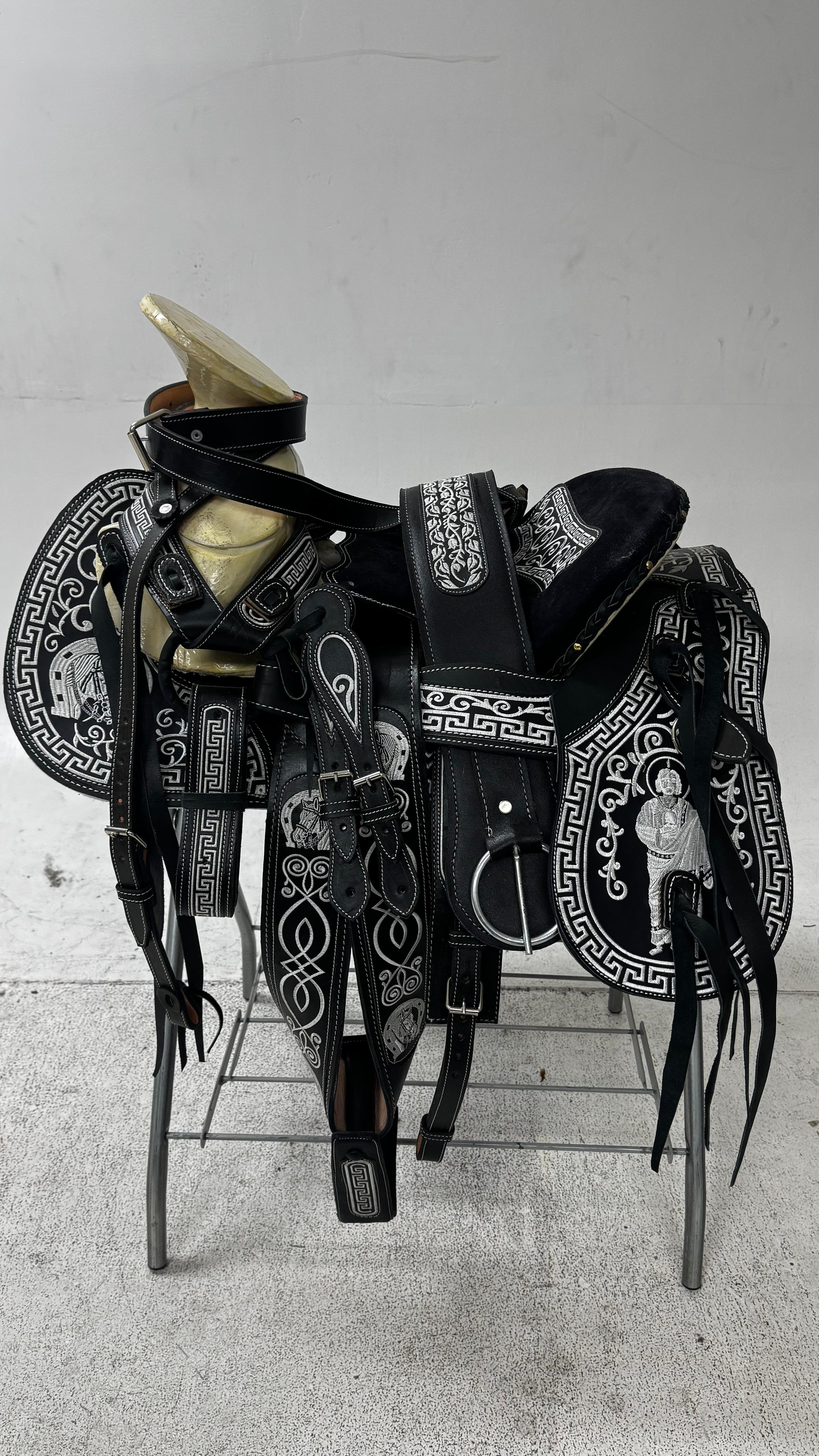 Charro Saddle – Black & Silver Embroidered (15.5”) “San Judas Edition”
