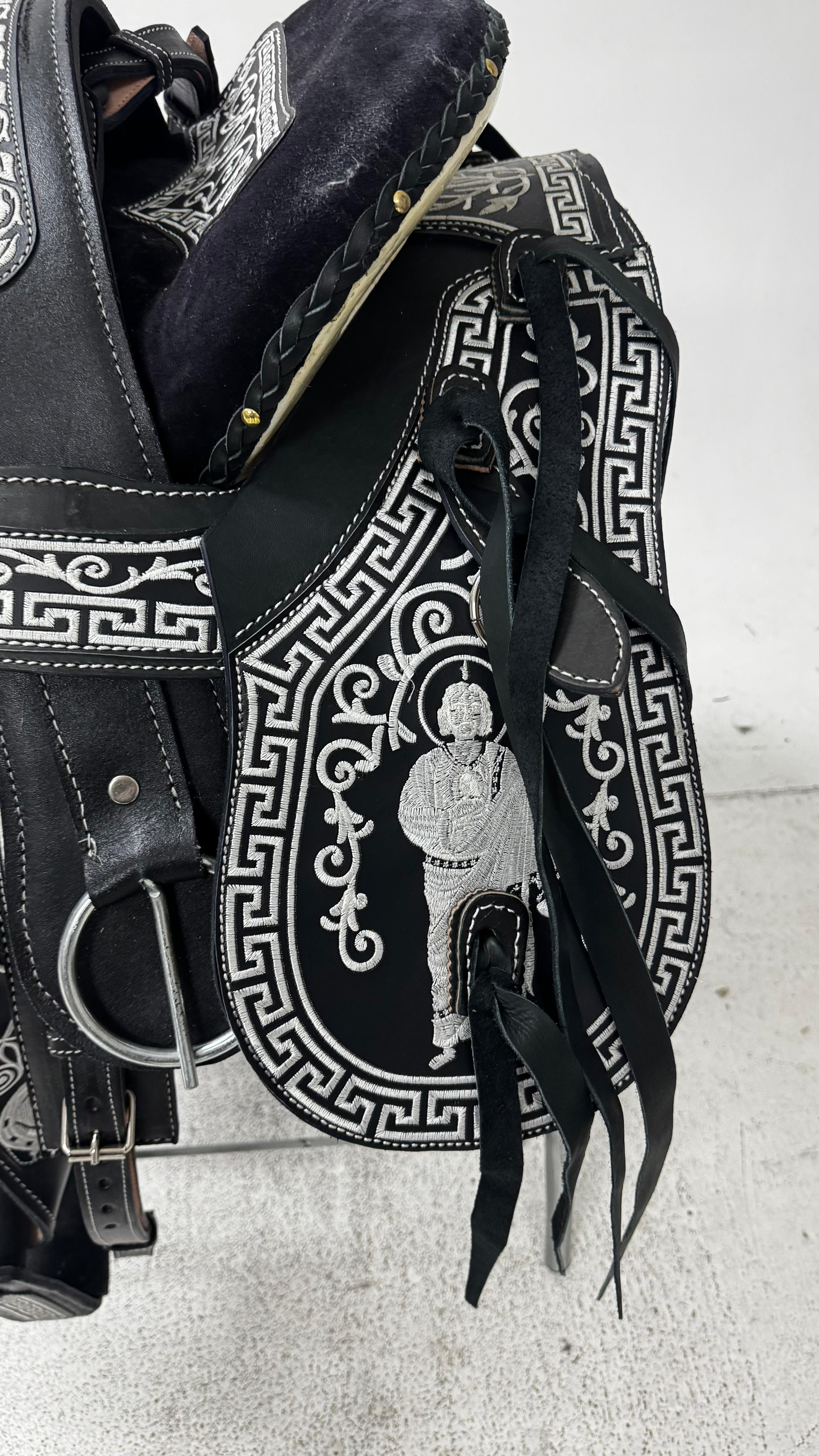 Charro Saddle – Black & Silver Embroidered (15.5”) “San Judas Edition”