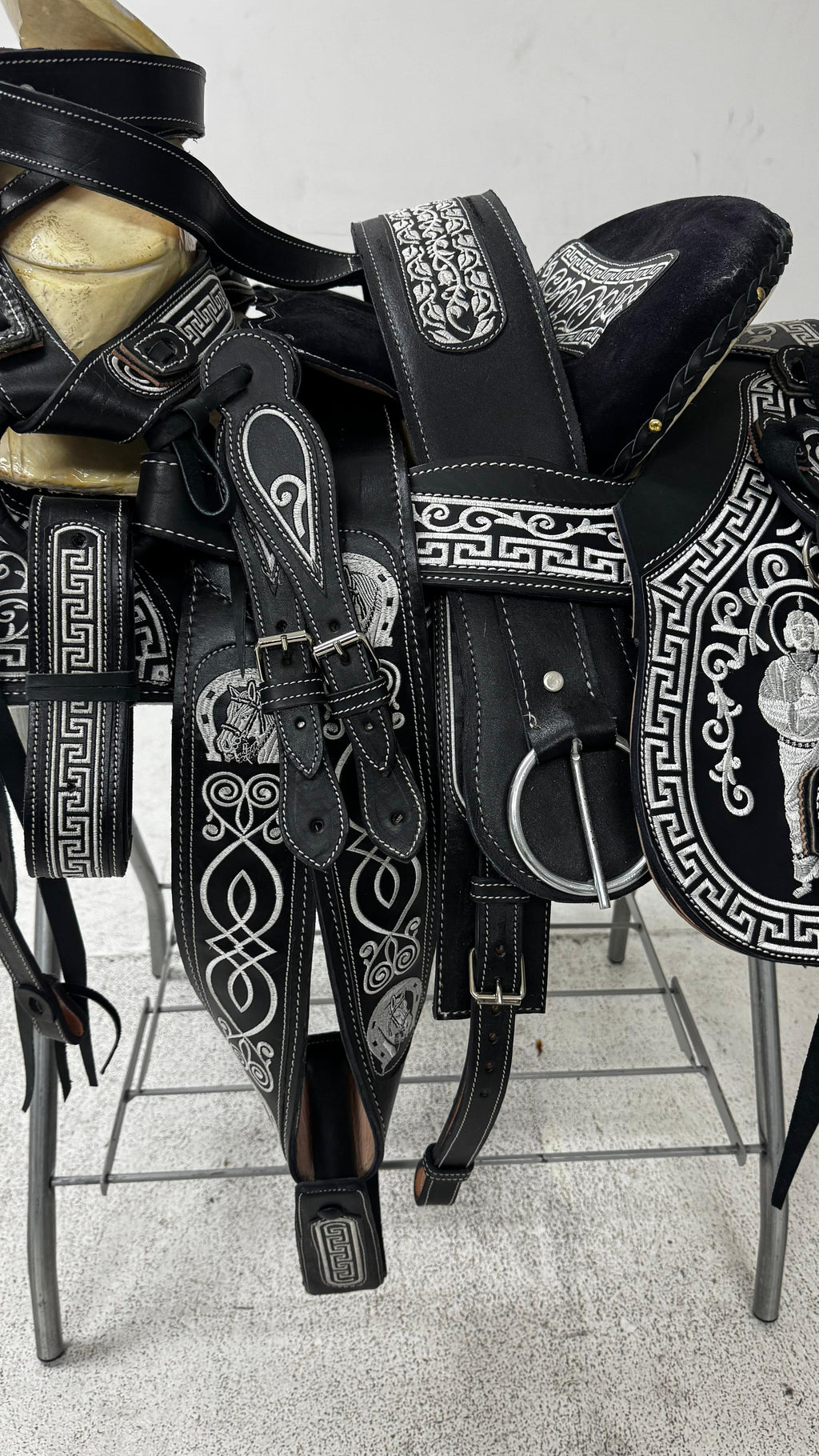 Charro Saddle – Black & Silver Embroidered (15.5”) “San Judas Edition”