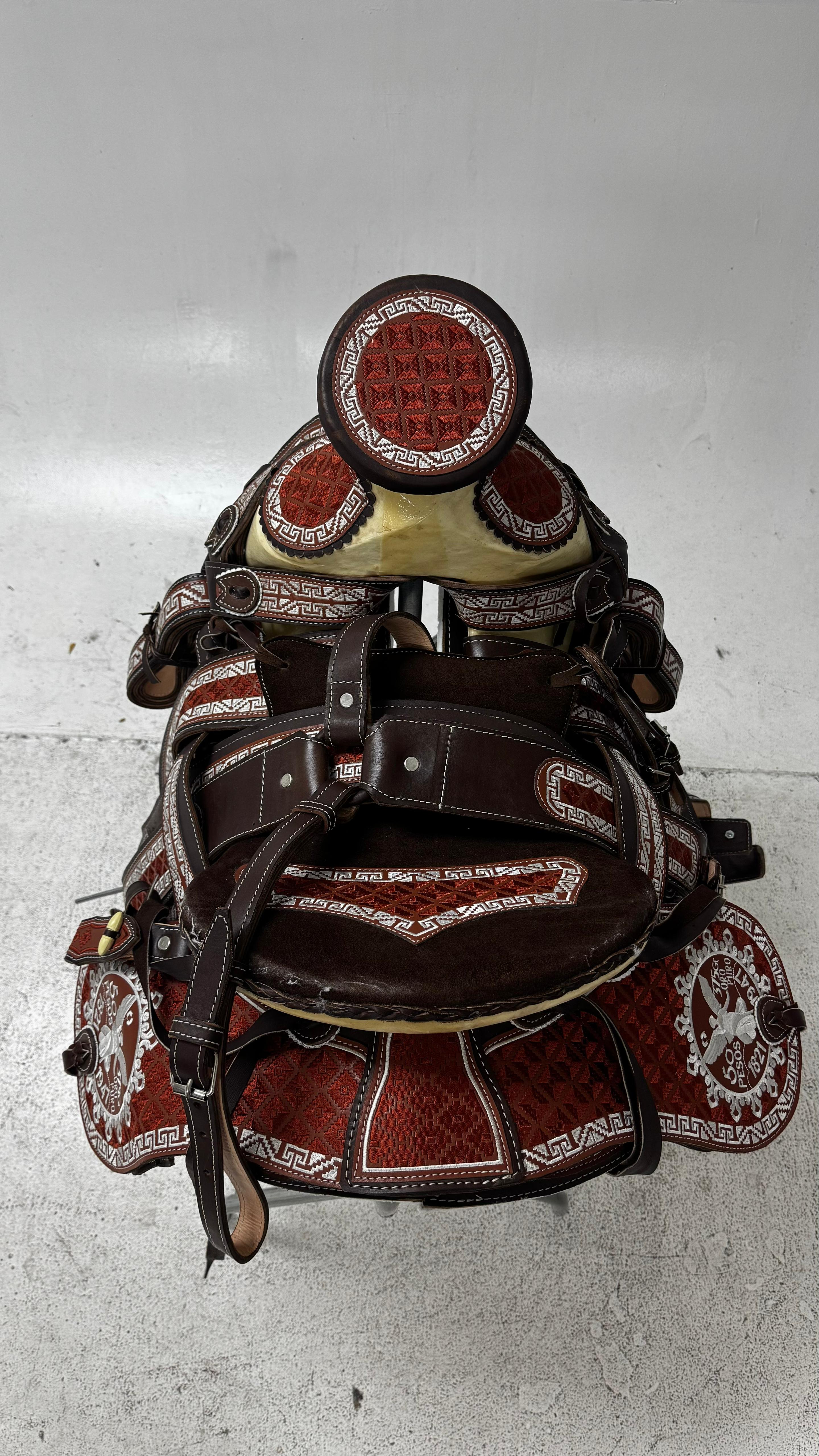 Charro Saddle – Brown & Red Embroidered “50 Pesos Edition” (15.5”)