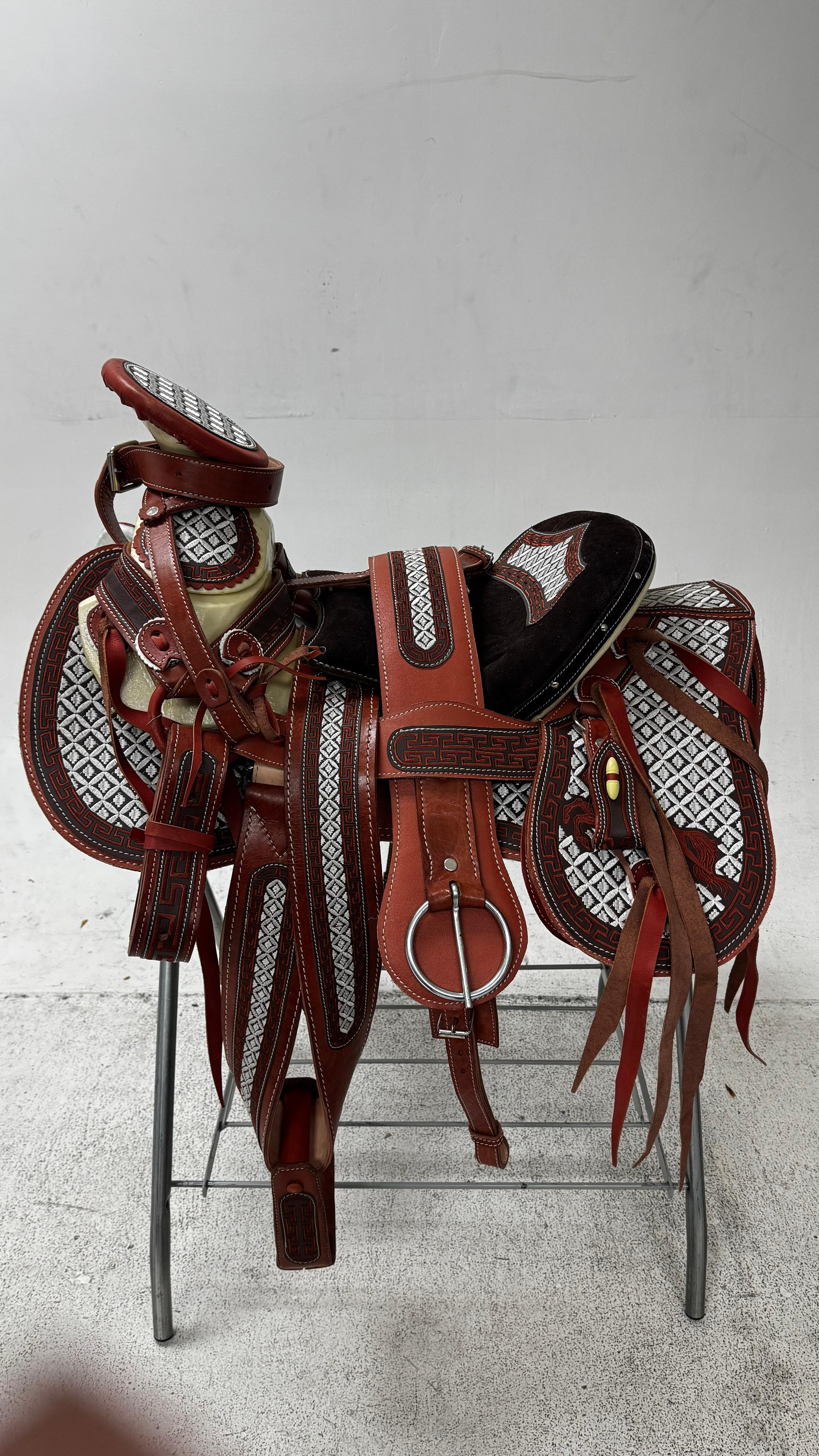 Charro Saddle – Chestnut Brown with Silver Embroidery (15.5”) “El Cazador”