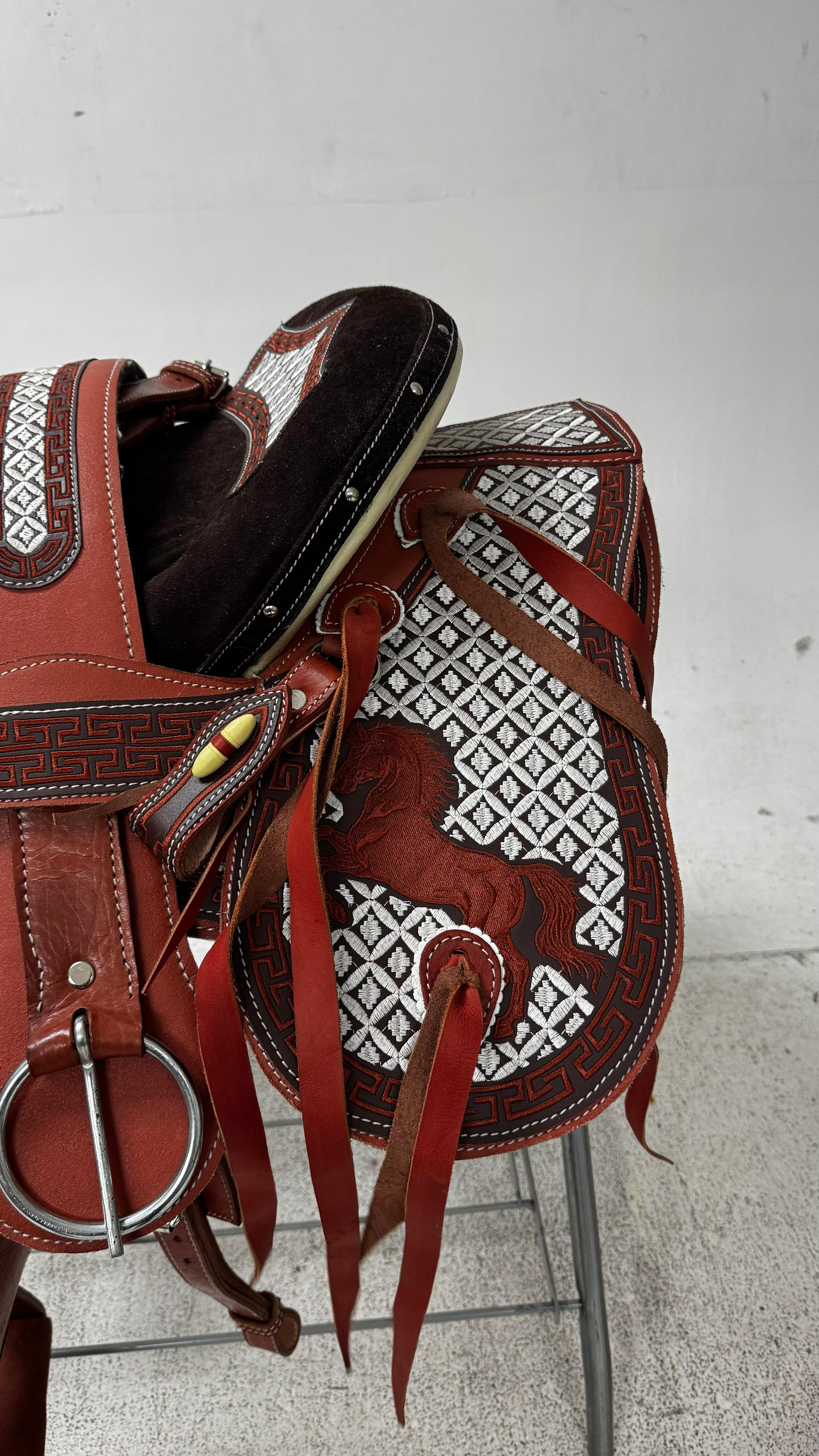 Charro Saddle – Chestnut Brown with Silver Embroidery (15.5”) “El Cazador”