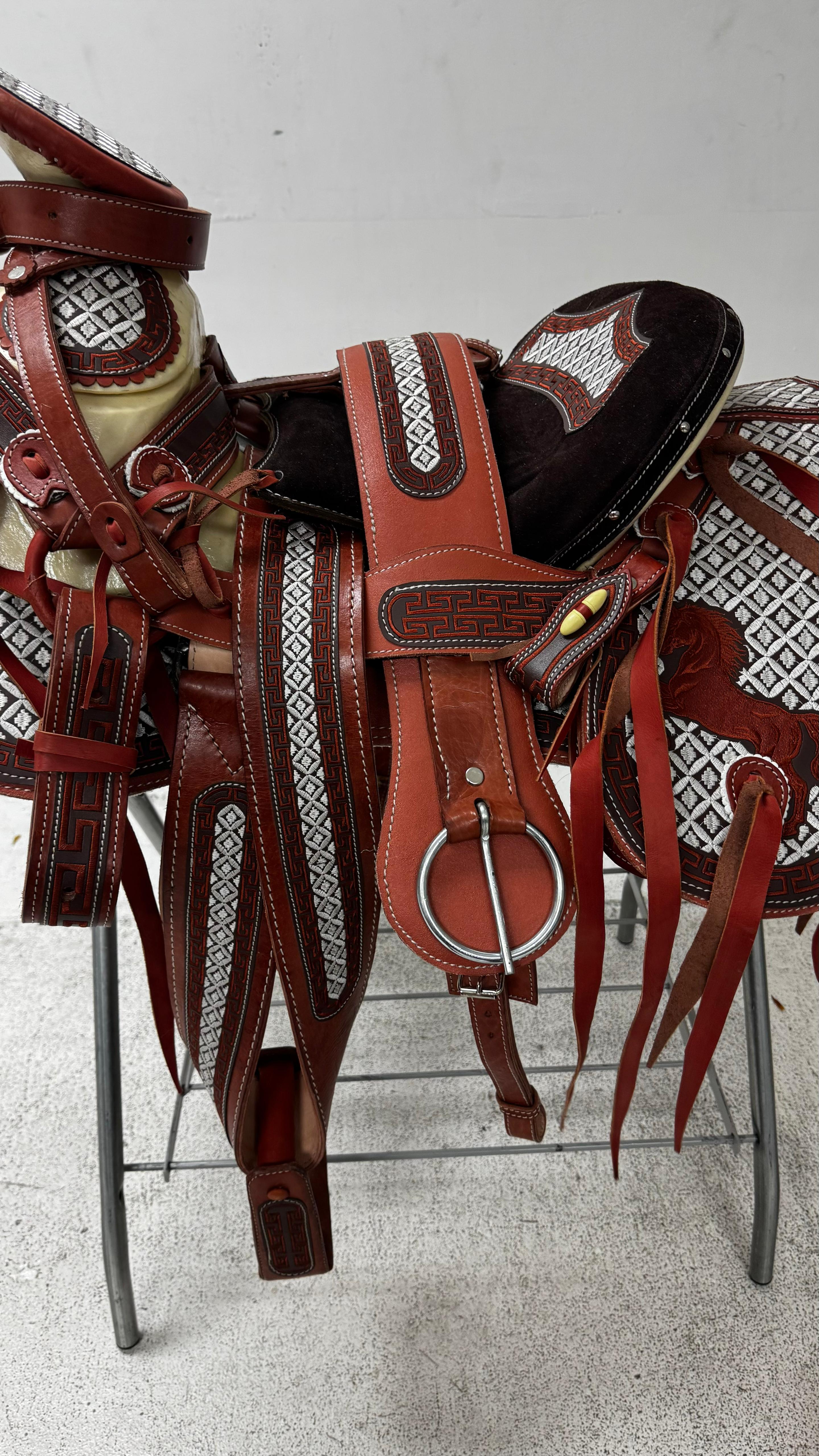 Charro Saddle – Chestnut Brown with Silver Embroidery (15.5”) “El Cazador”