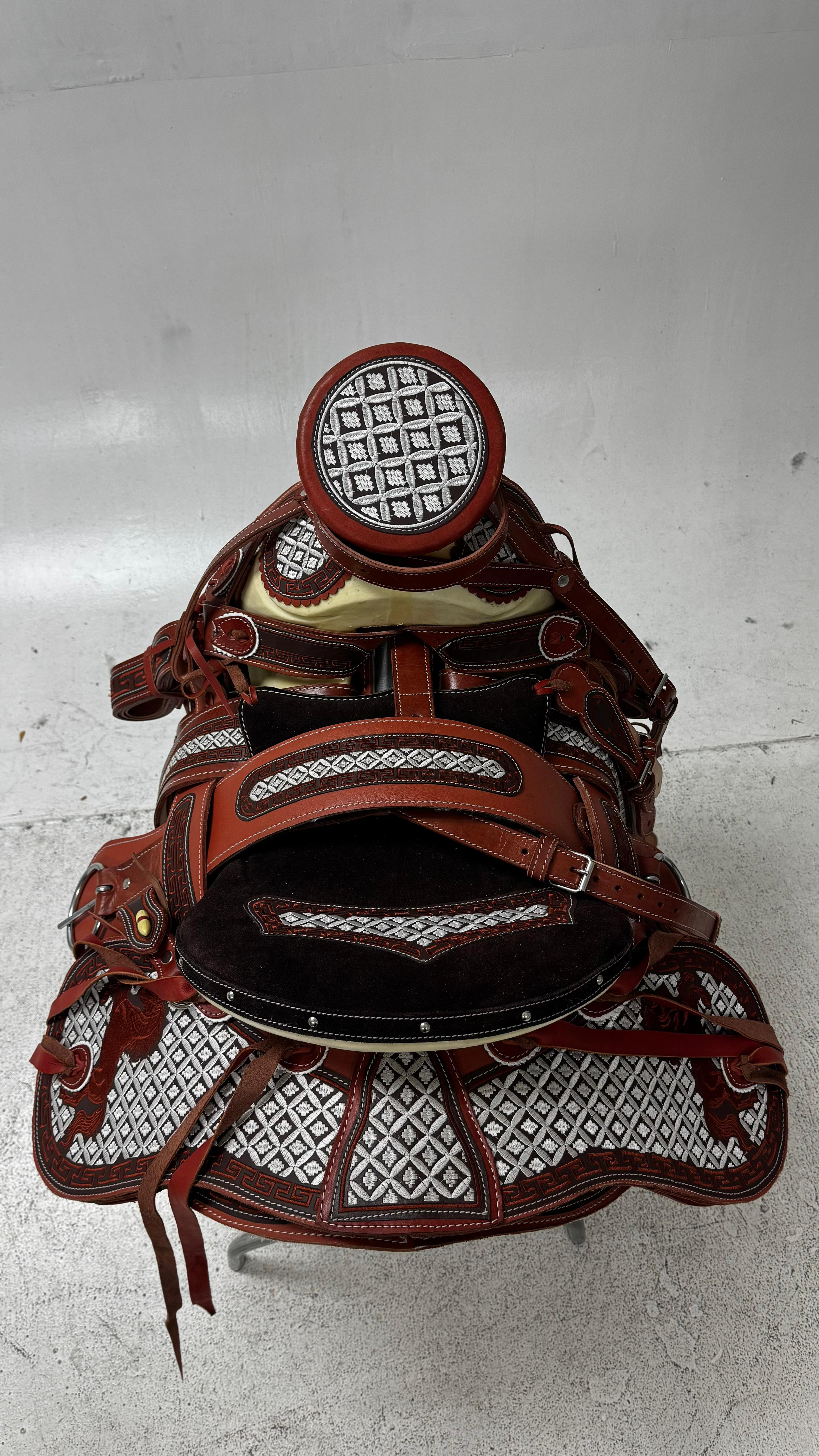 Charro Saddle – Chestnut Brown with Silver Embroidery (15.5”) “El Cazador”