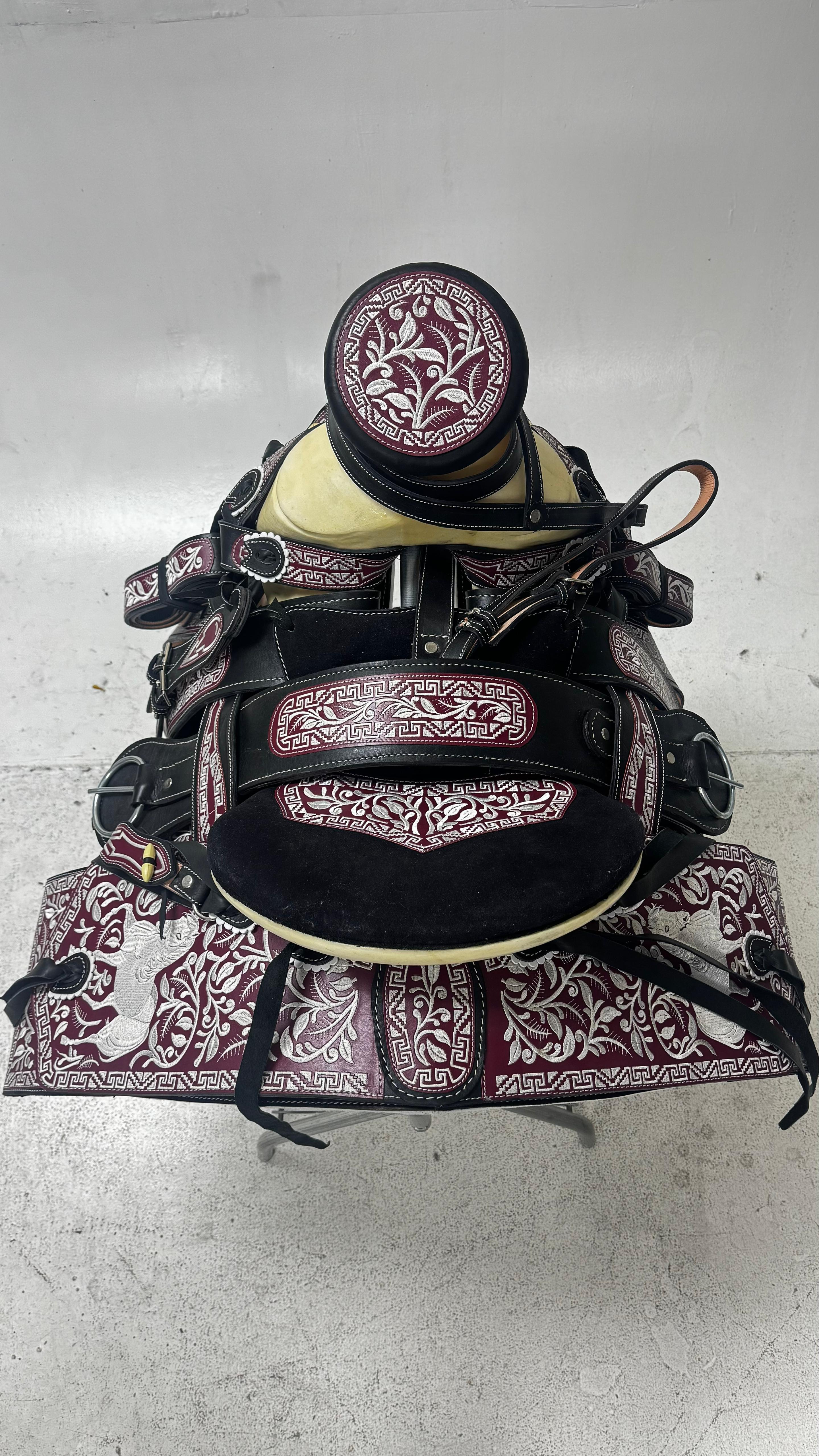 Charro Saddle - Black & Burgundy Floral 15.5"