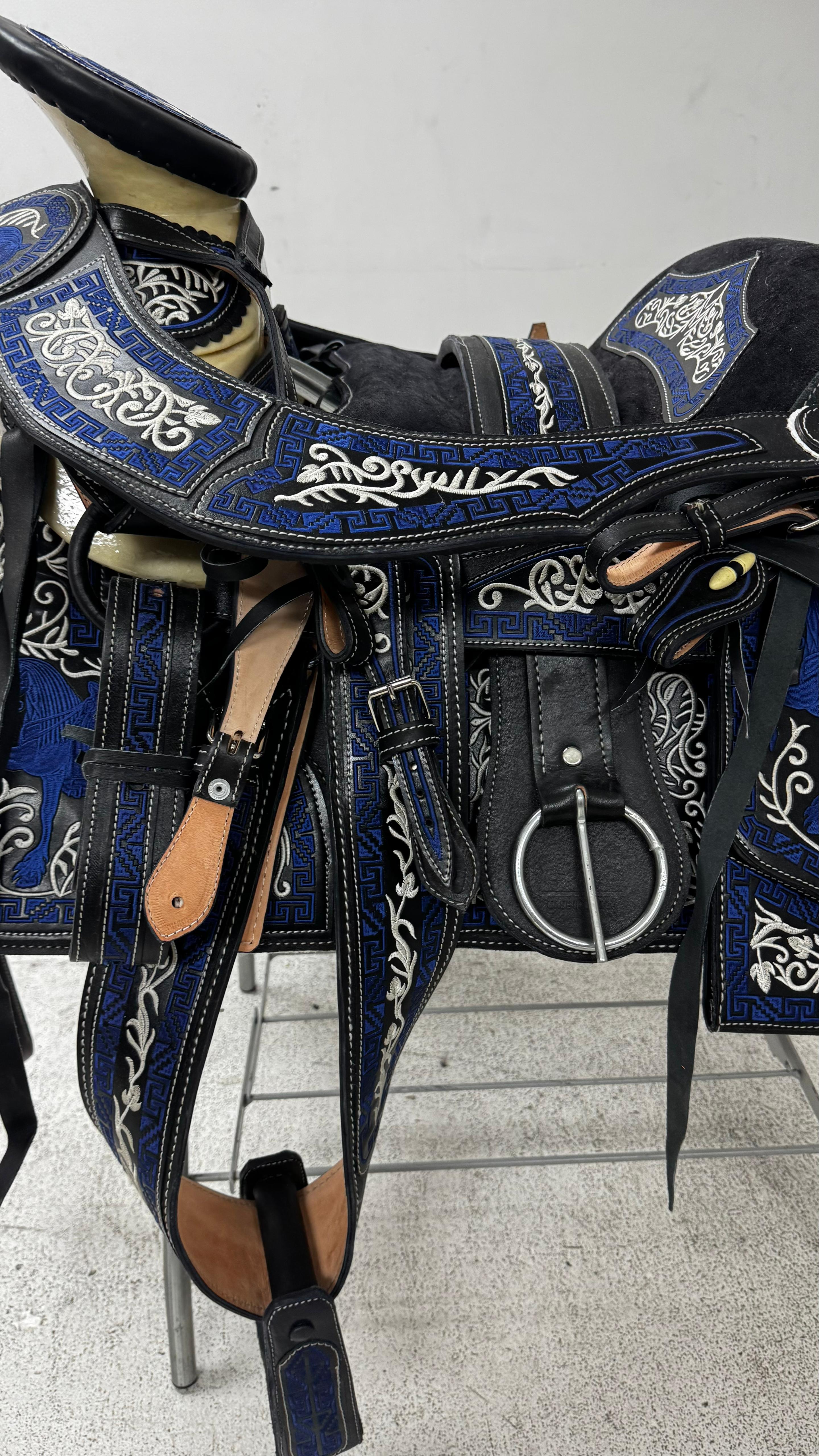 Charro Saddle – Blue & Black Bordada “Caballo Imperial” (15.5”)