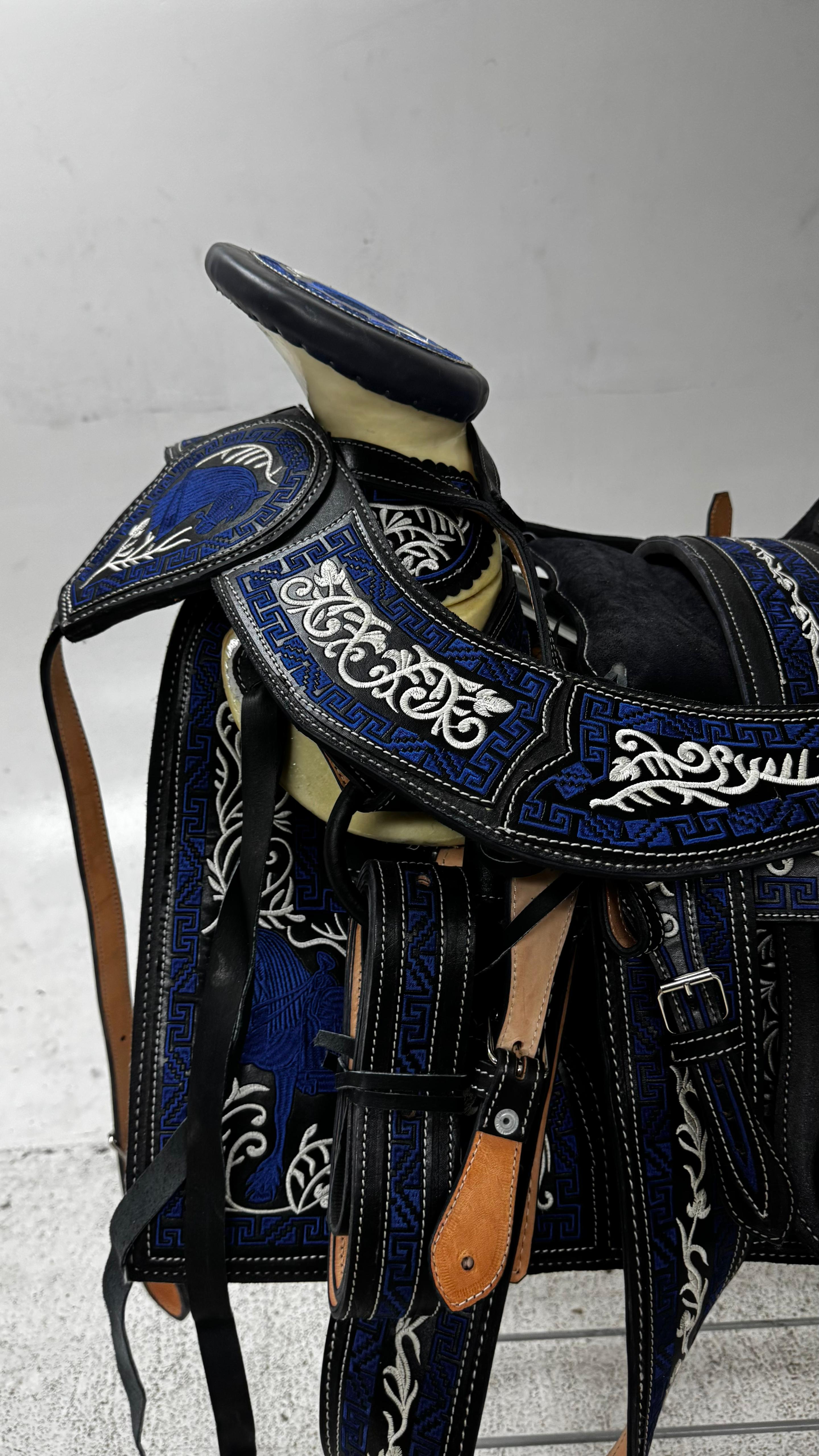 Charro Saddle – Blue & Black Bordada “Caballo Imperial” (15.5”)