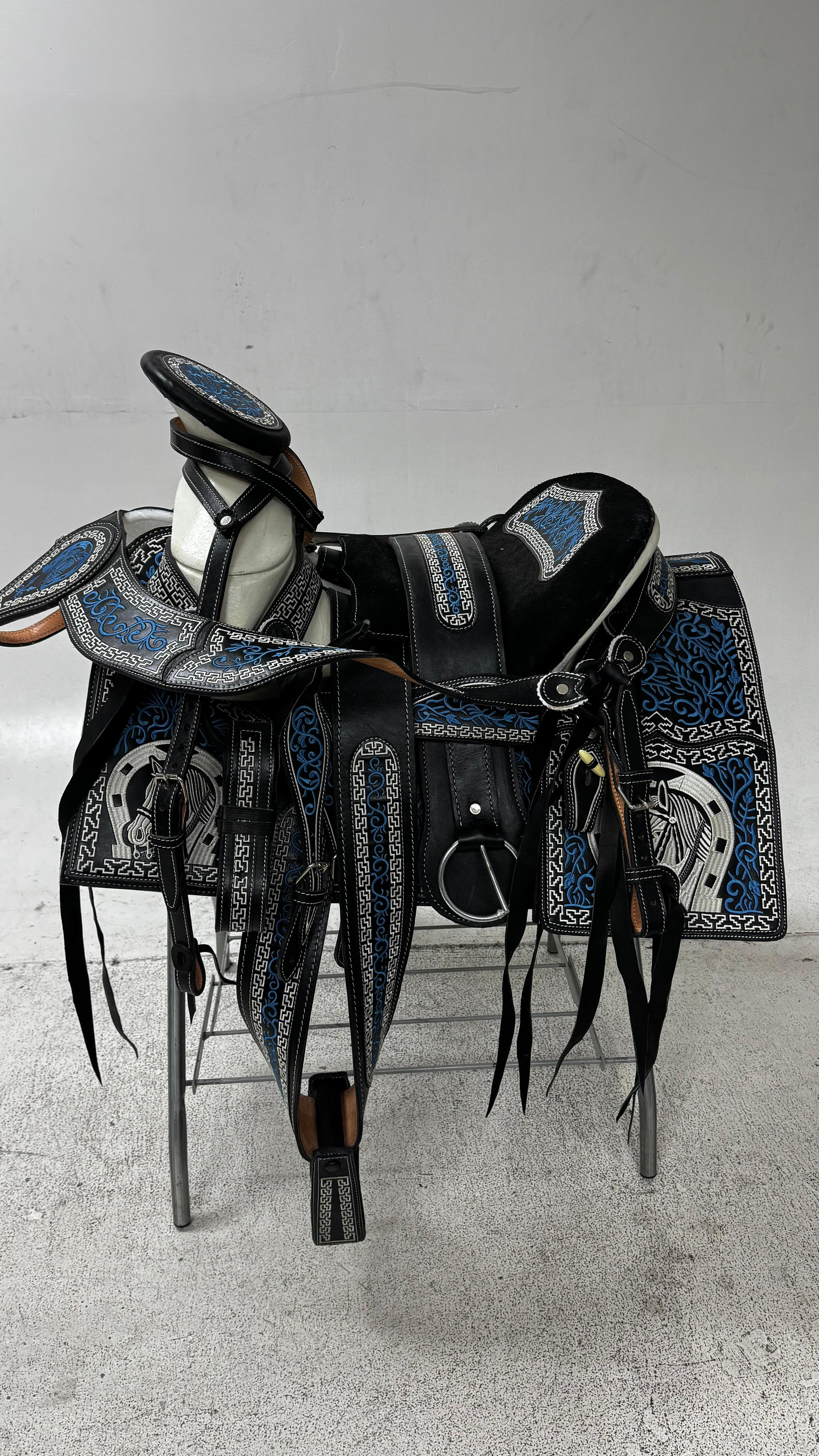 Charro Saddle – Black Leather with Blue Embroidery (15.5”) “Azul Imperial”