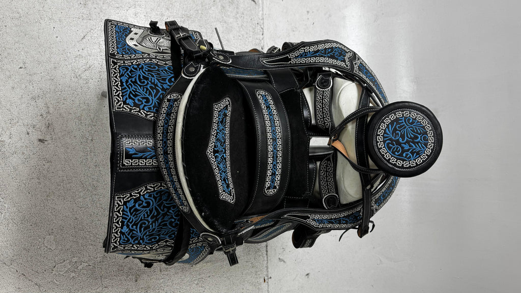 Charro Saddle – Black Leather with Blue Embroidery (15.5”) “Azul Imperial”