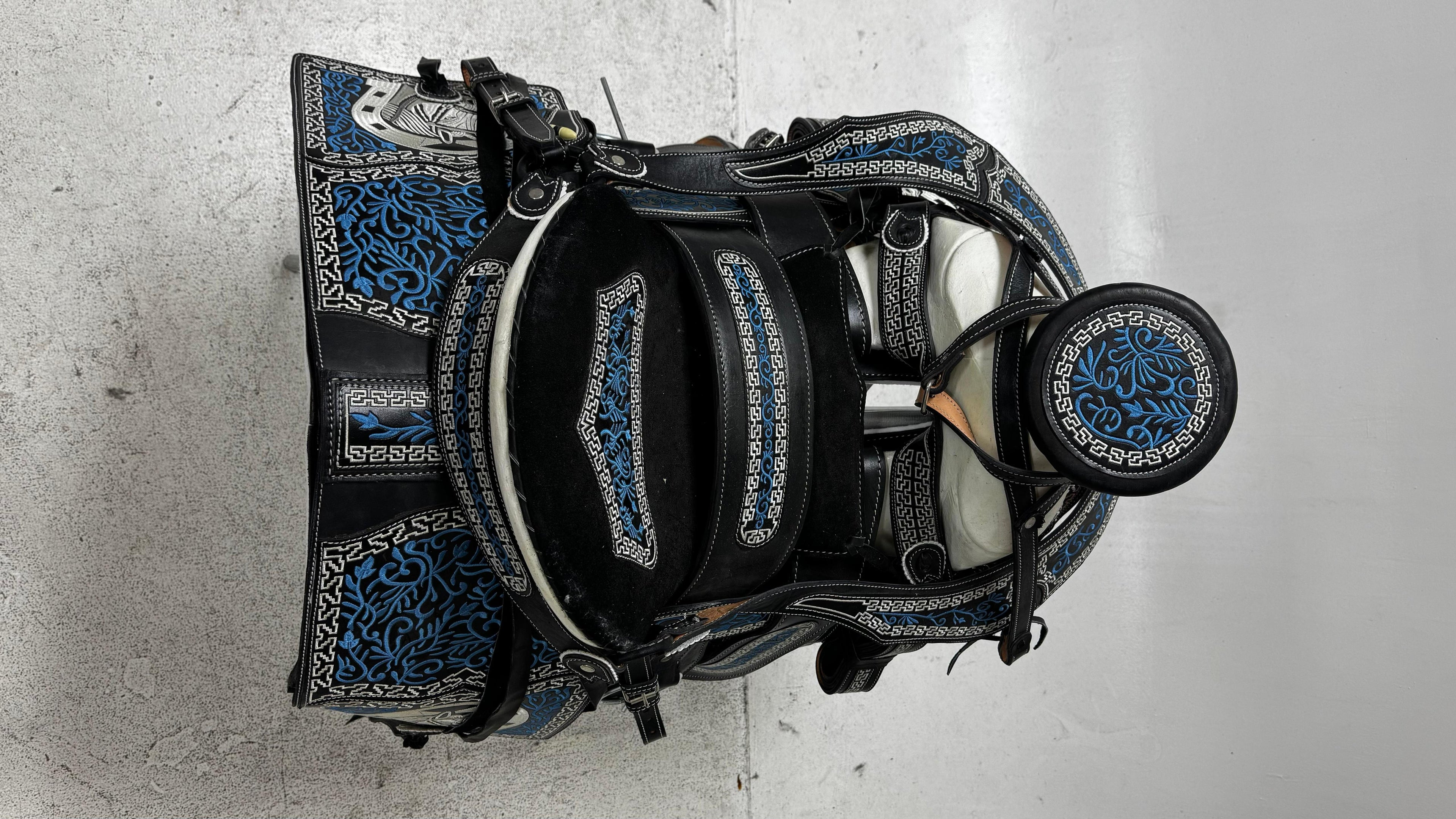 Charro Saddle – Black Leather with Blue Embroidery (15.5”) “Azul Imperial”
