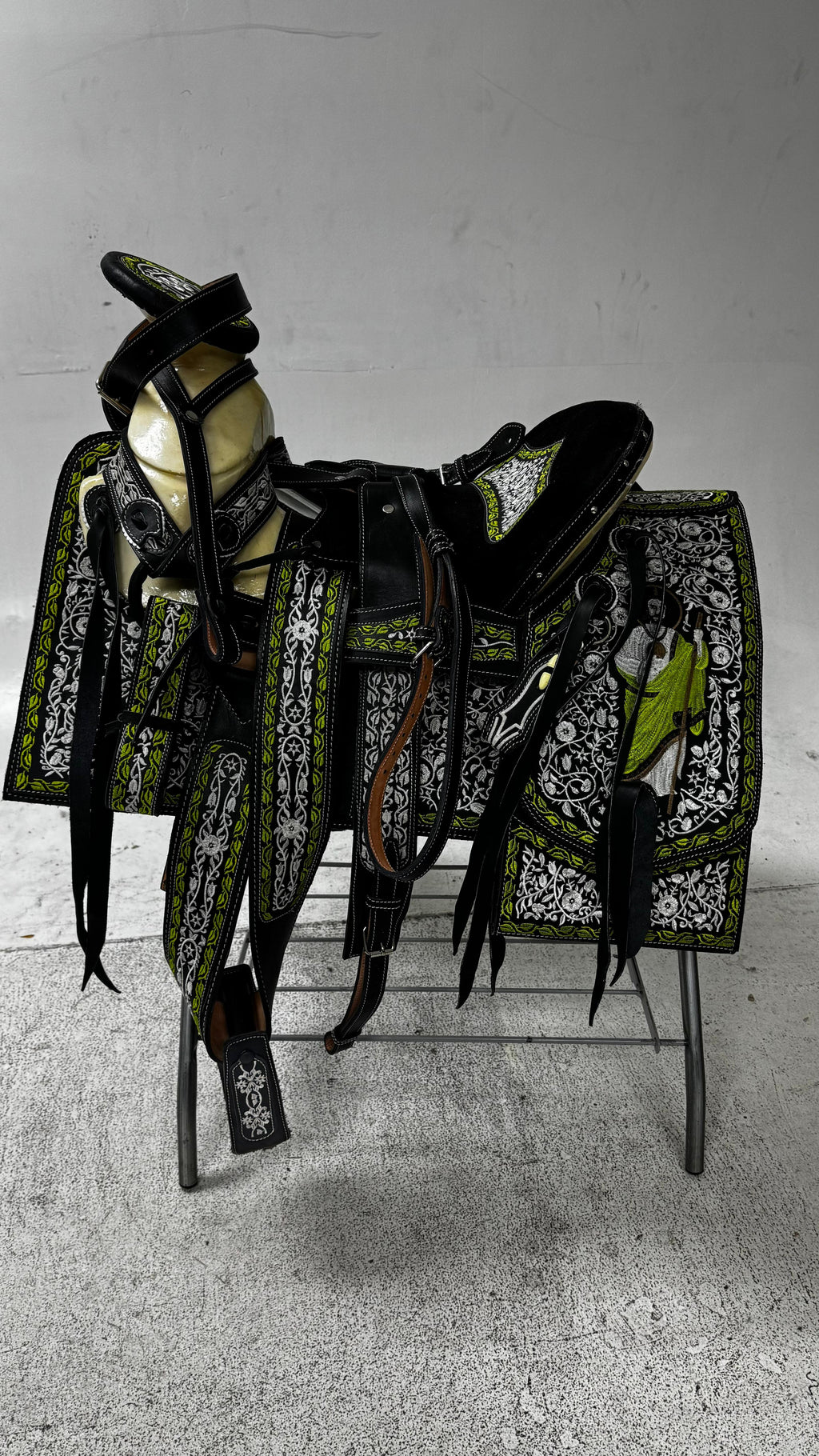 Charro Saddle – Black Leather with Lime Green & Silver Embroidery (15.5”) “El Guerrero Verde”