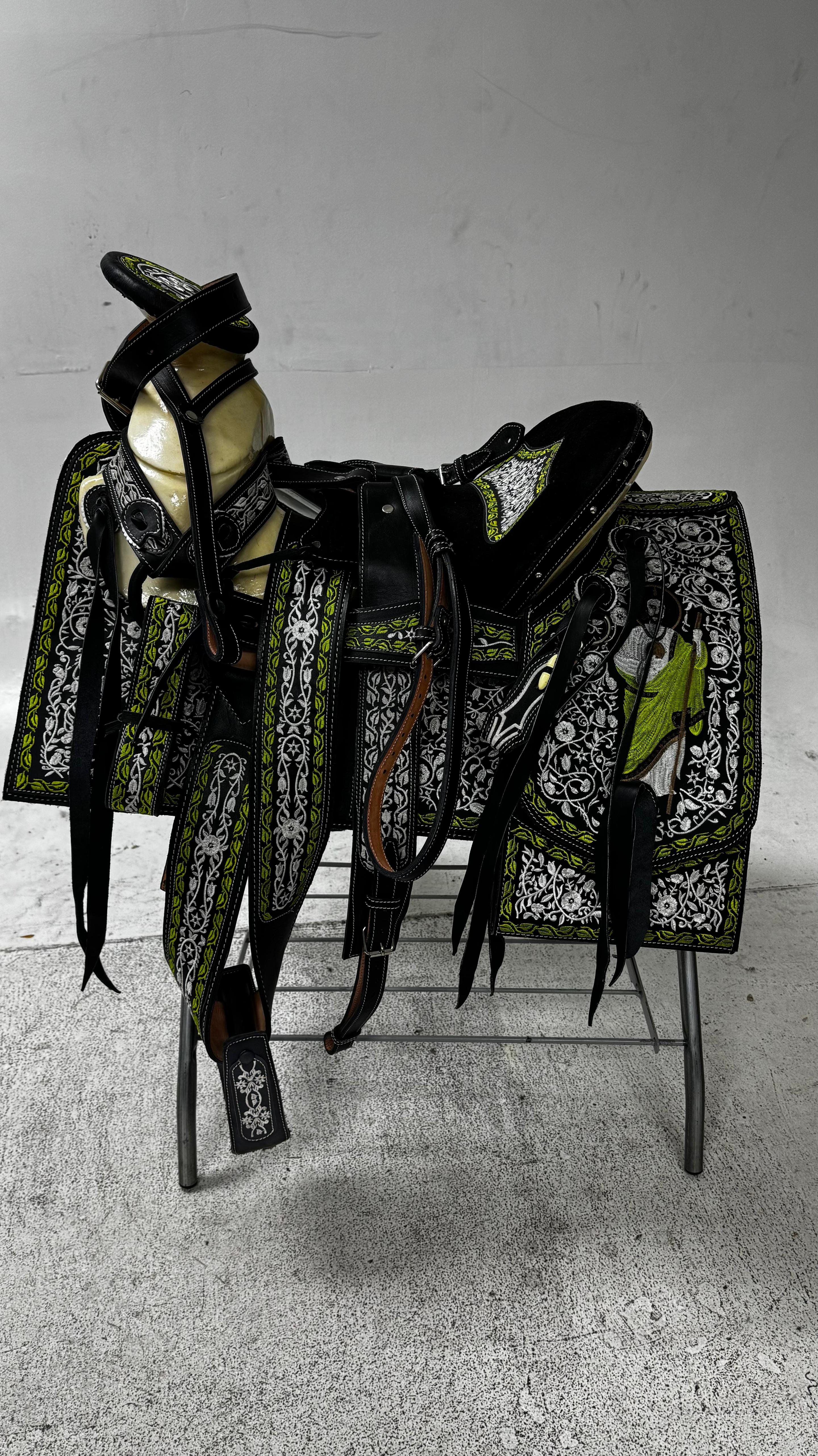 Charro Saddle – Black Leather with Lime Green & Silver Embroidery (15.5”) “El Guerrero Verde”