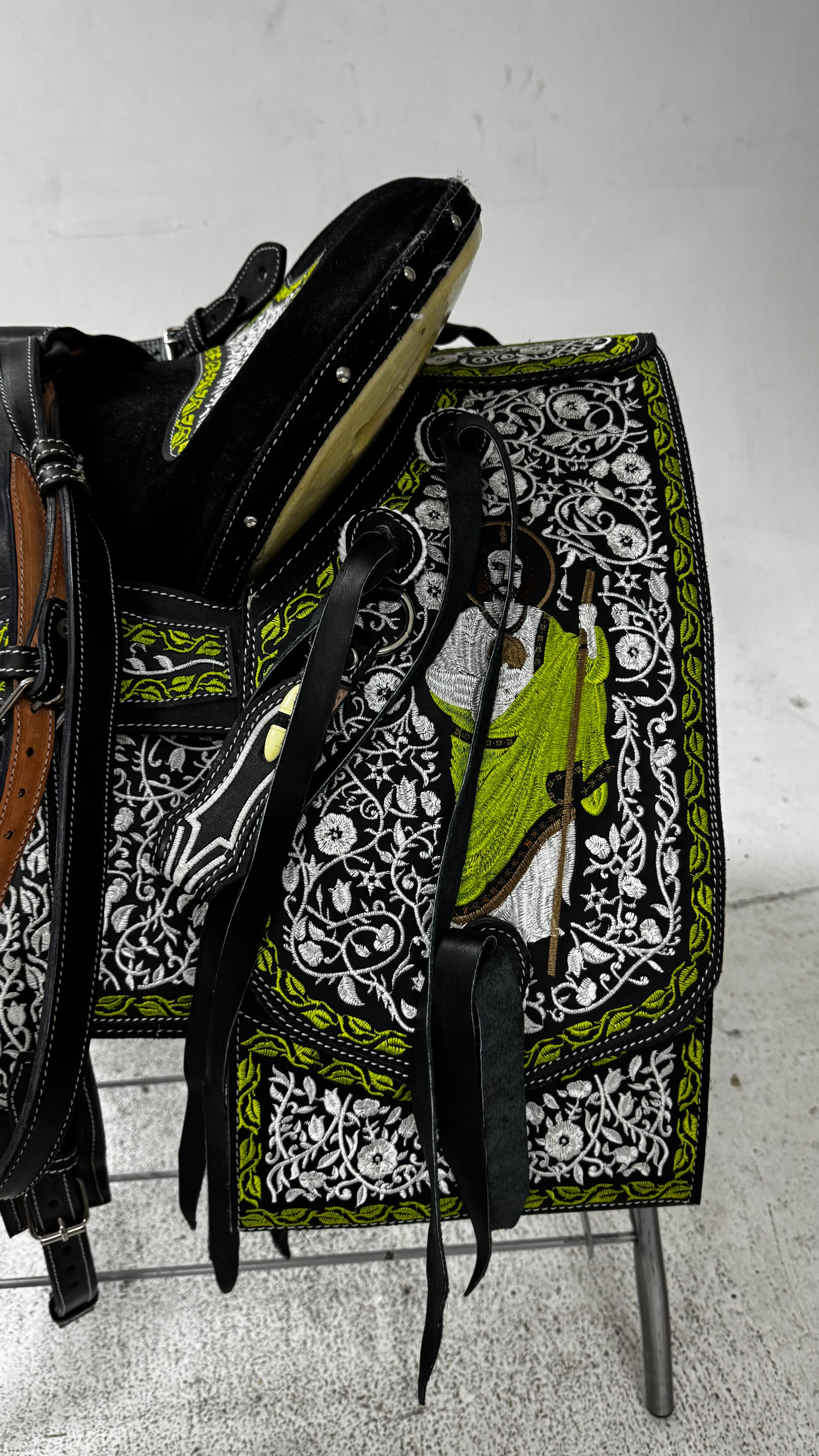 Charro Saddle – Black Leather with Lime Green & Silver Embroidery (15.5”) “El Guerrero Verde”