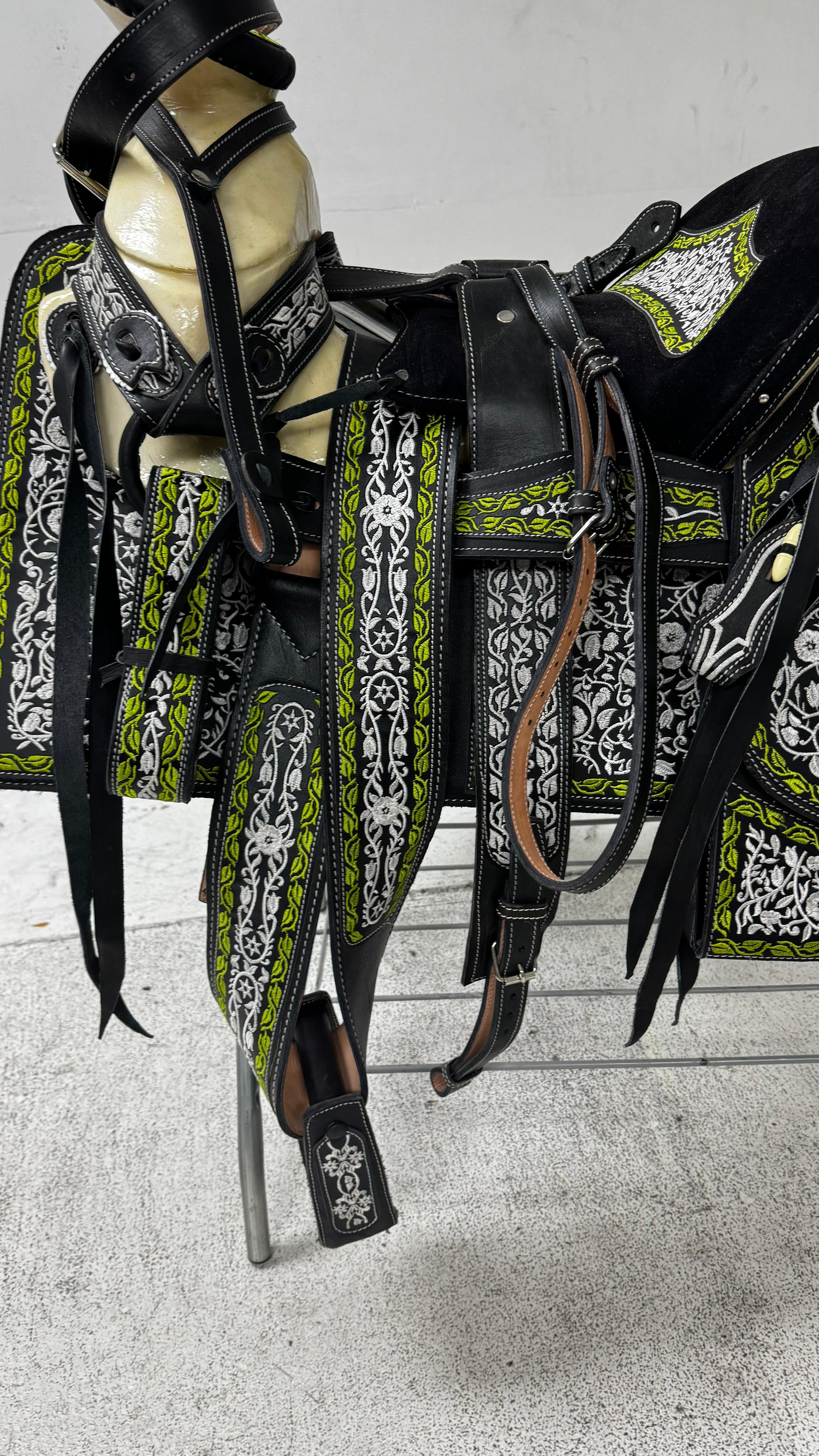 Charro Saddle – Black Leather with Lime Green & Silver Embroidery (15.5”) “El Guerrero Verde”