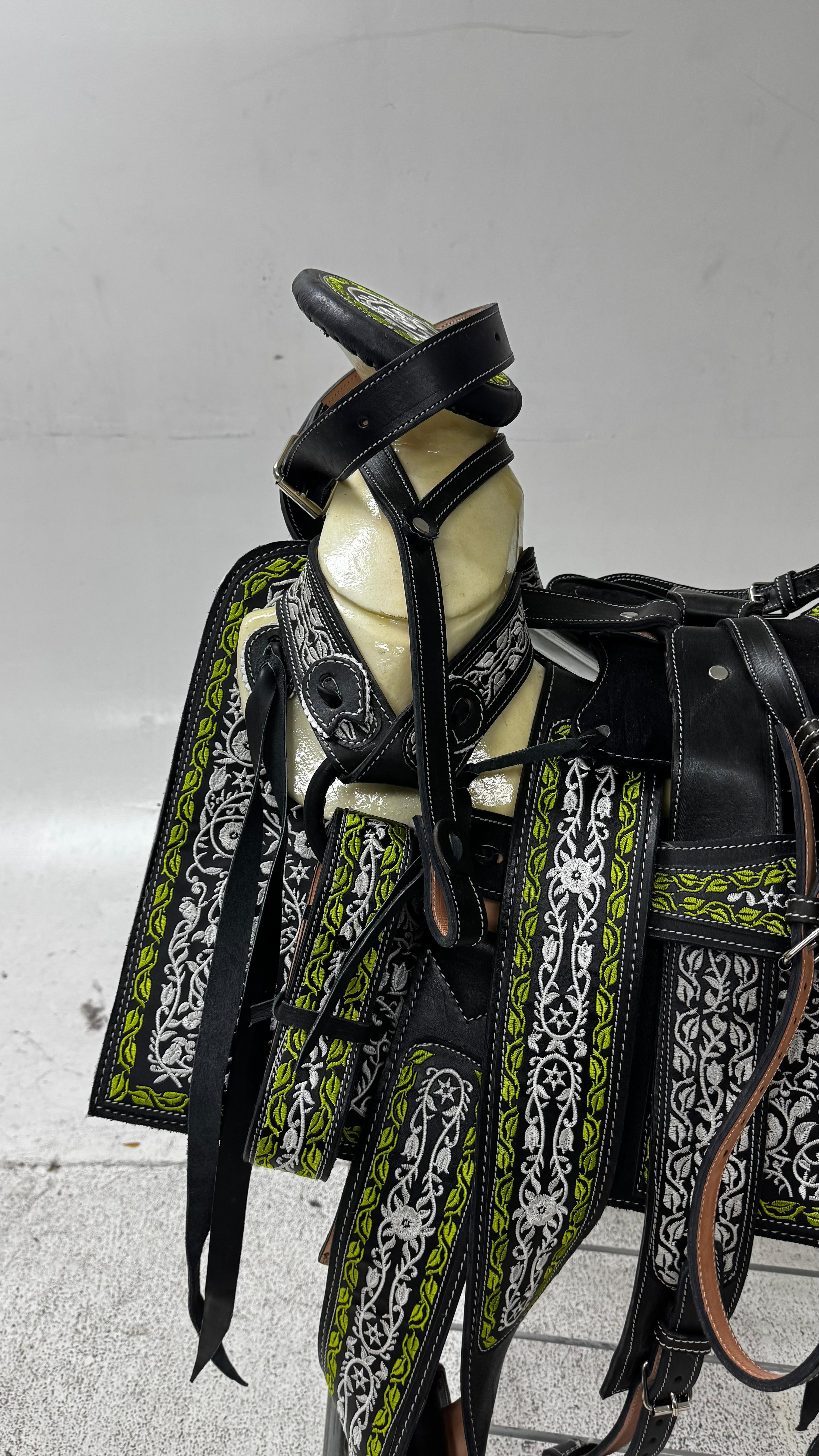 Charro Saddle – Black Leather with Lime Green & Silver Embroidery (15.5”) “El Guerrero Verde”