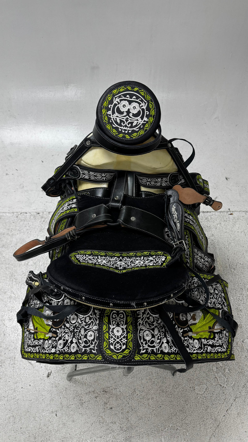 Charro Saddle – Black Leather with Lime Green & Silver Embroidery (15.5”) “El Guerrero Verde”