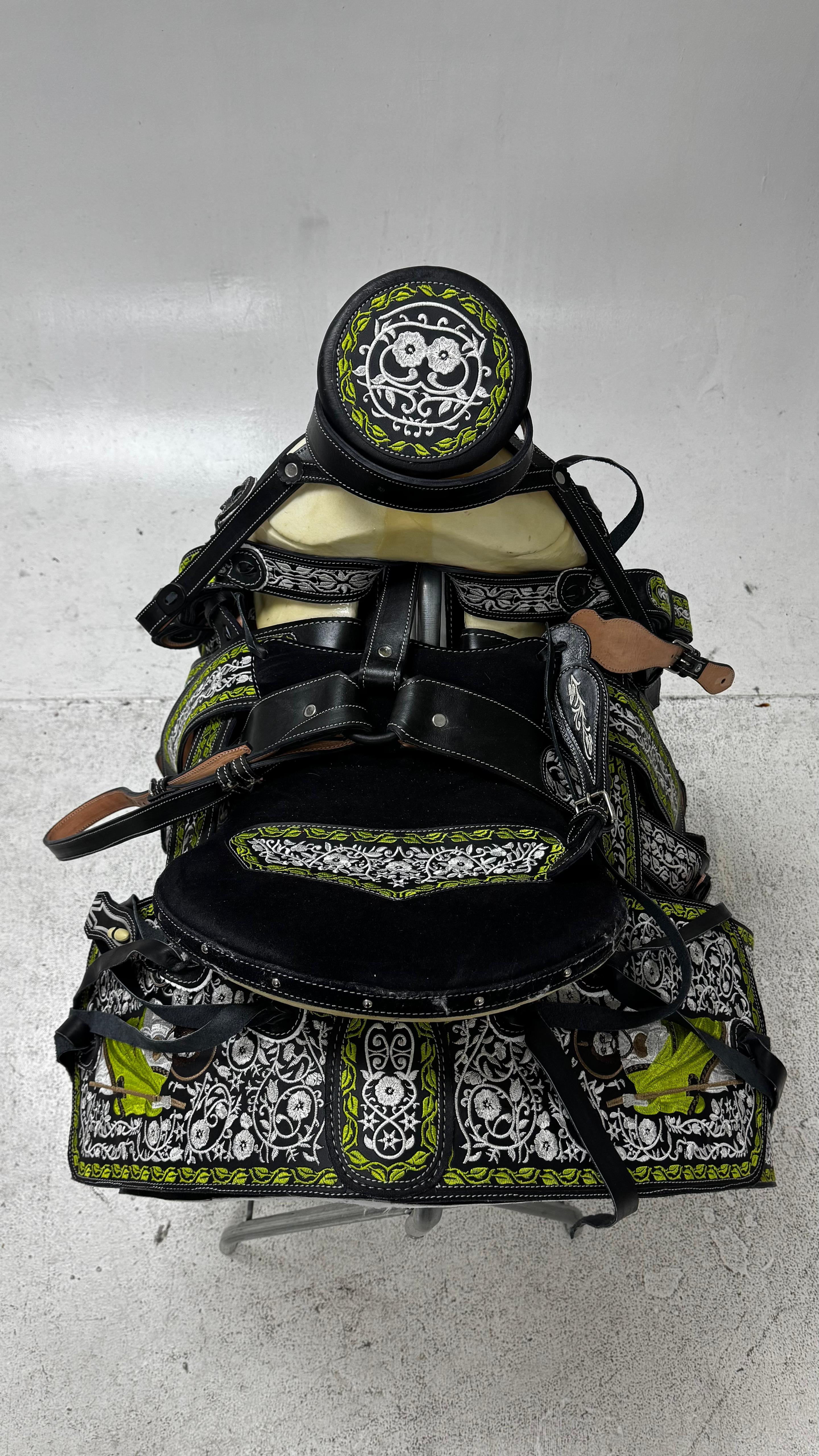 Charro Saddle – Black Leather with Lime Green & Silver Embroidery (15.5”) “El Guerrero Verde”