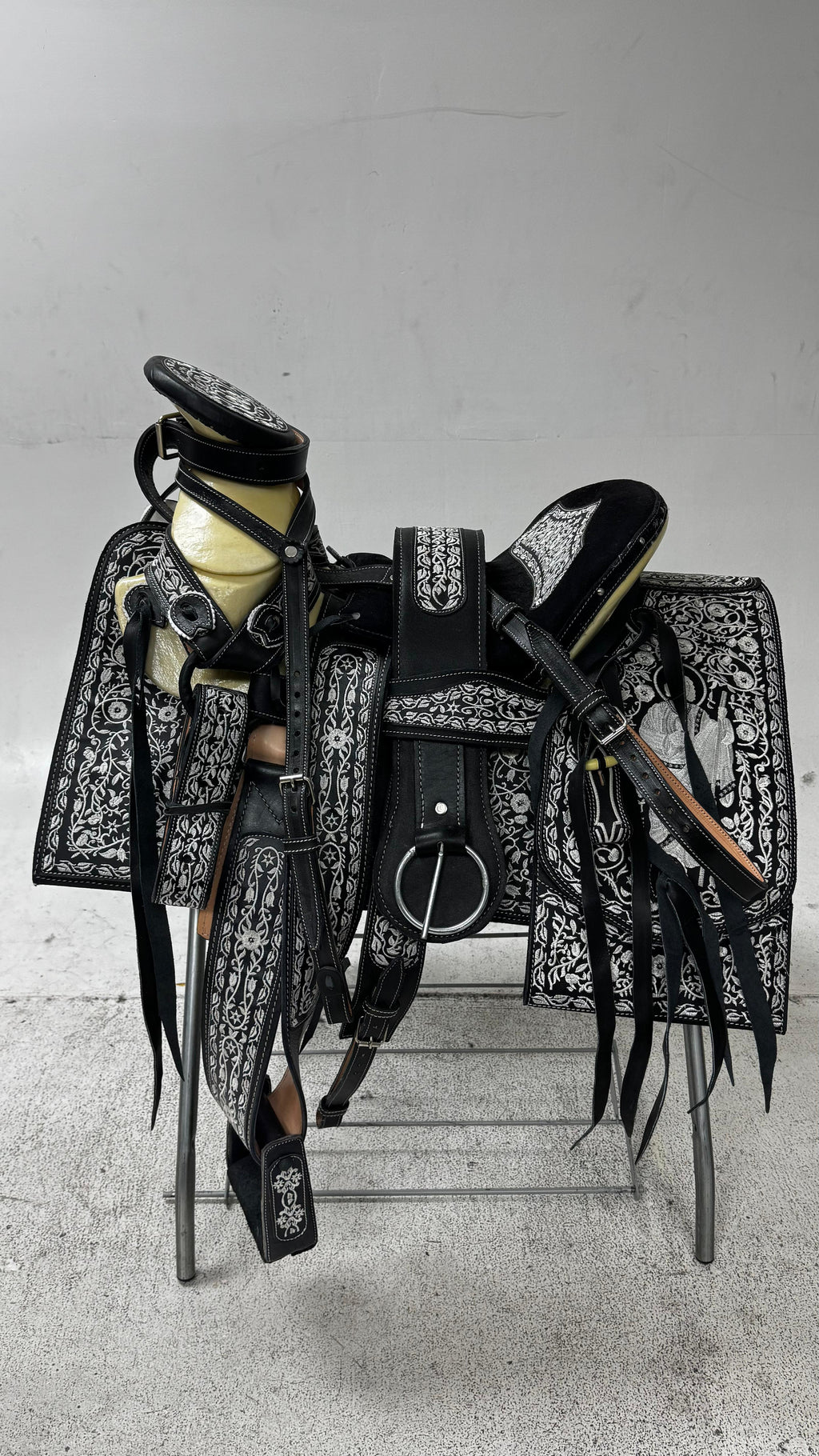 Charro Saddle – Black Leather with Silver Embroidery & San Judas Design (15.5”) “El Diamante de Fe”