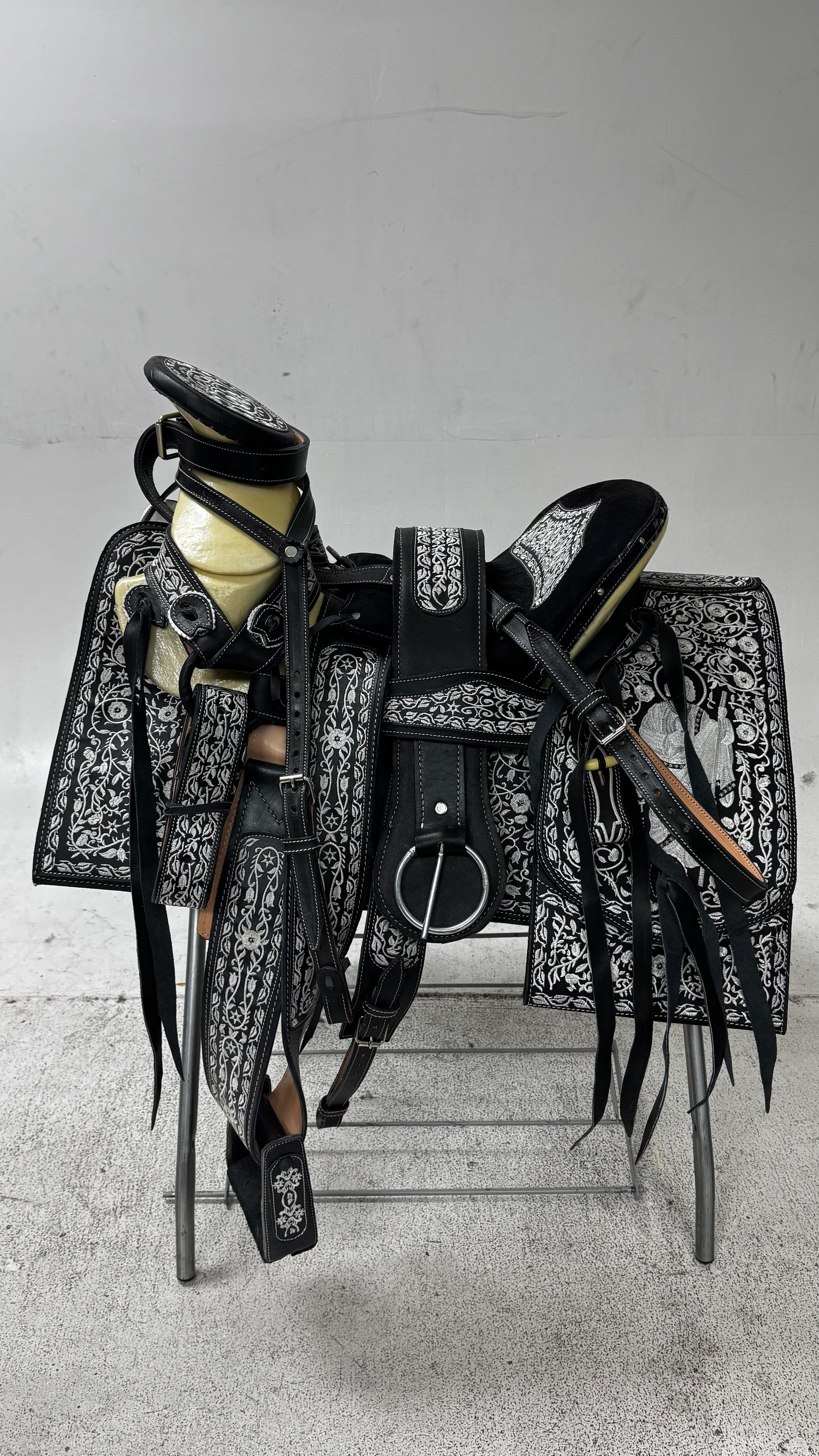 Charro Saddle – Black Leather with Silver Embroidery & San Judas Design (15.5”) “El Diamante de Fe”