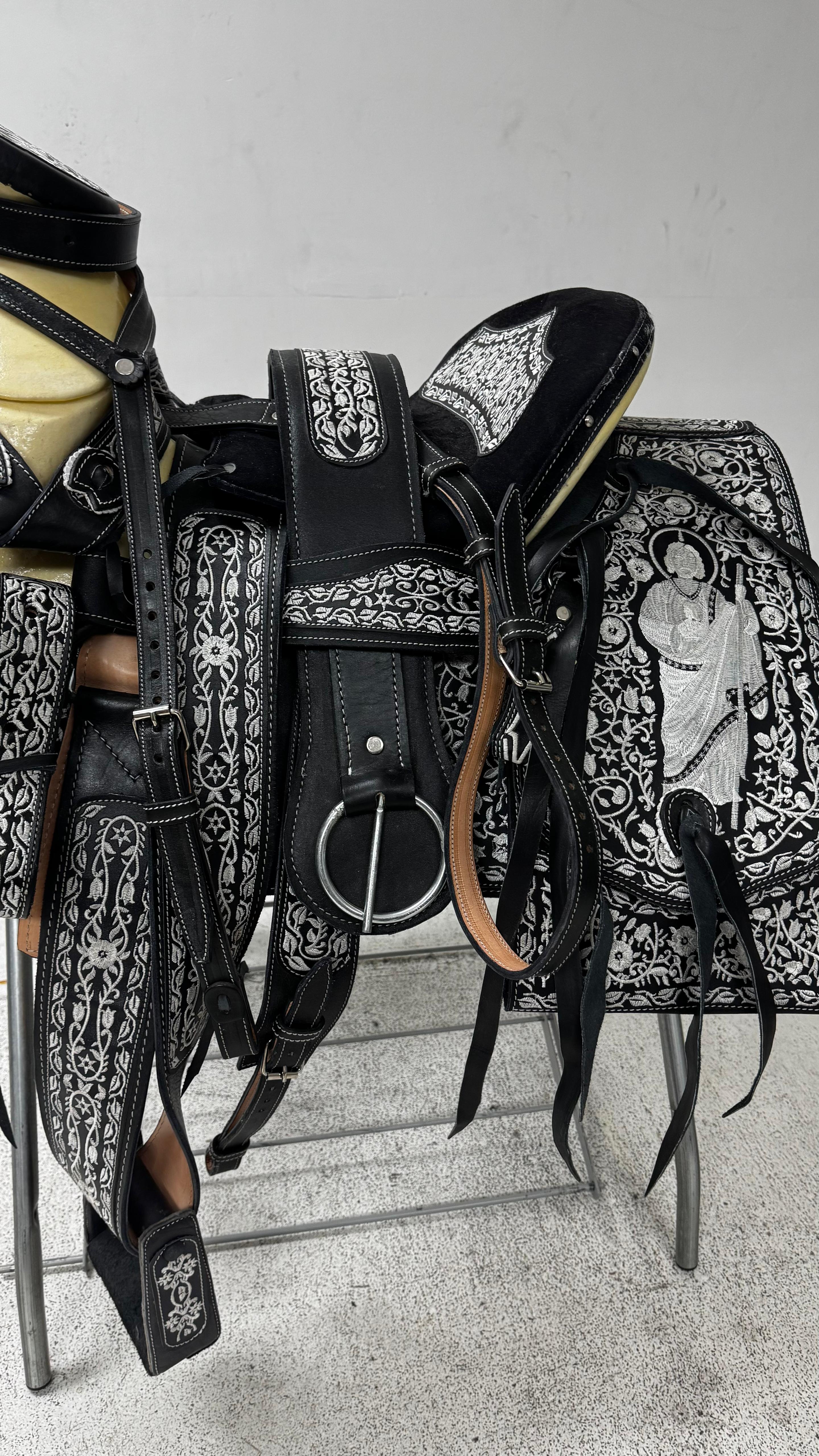 Charro Saddle – Black Leather with Silver Embroidery & San Judas Design (15.5”) “El Diamante de Fe”