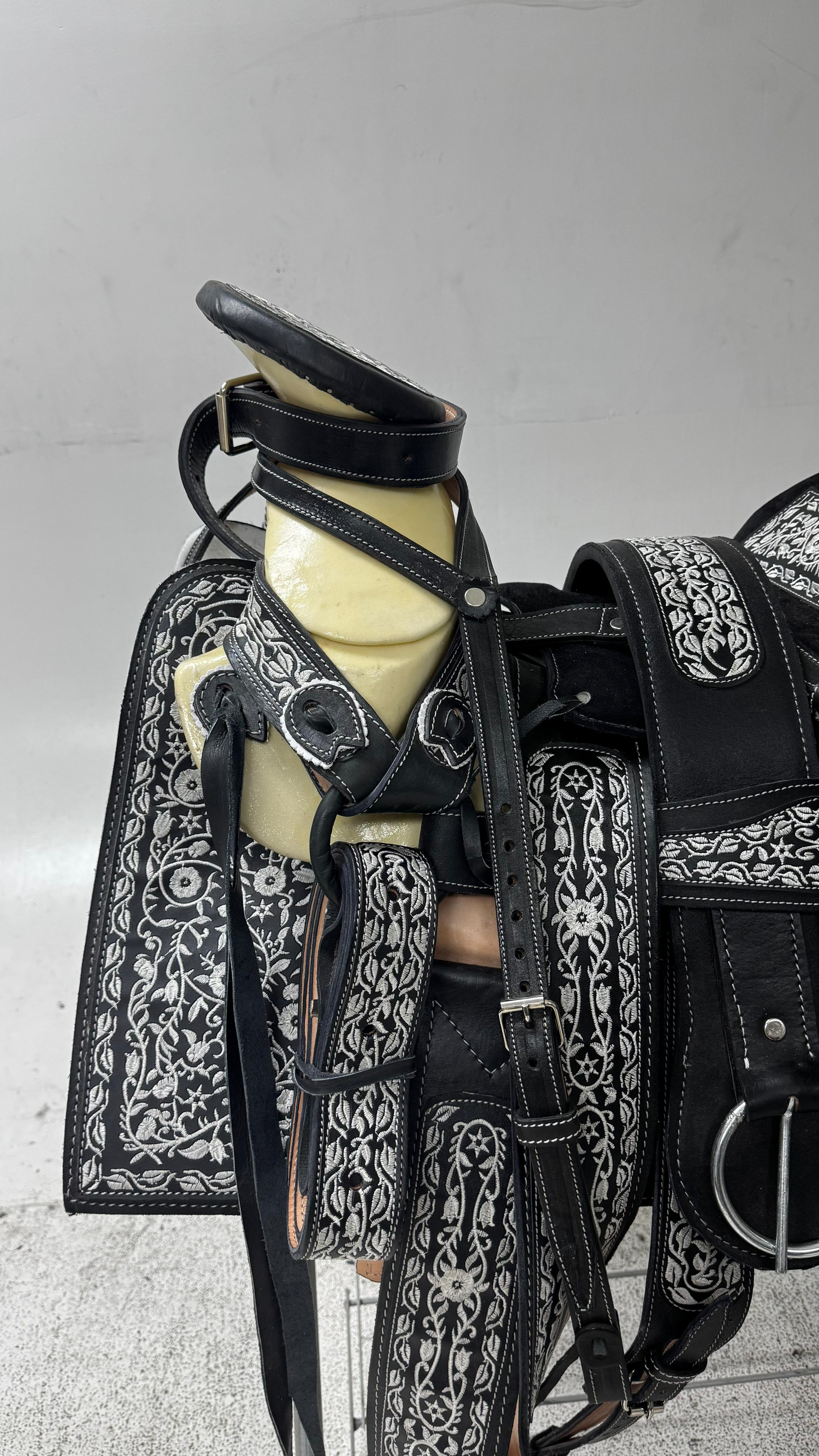 Charro Saddle – Black Leather with Silver Embroidery & San Judas Design (15.5”) “El Diamante de Fe”