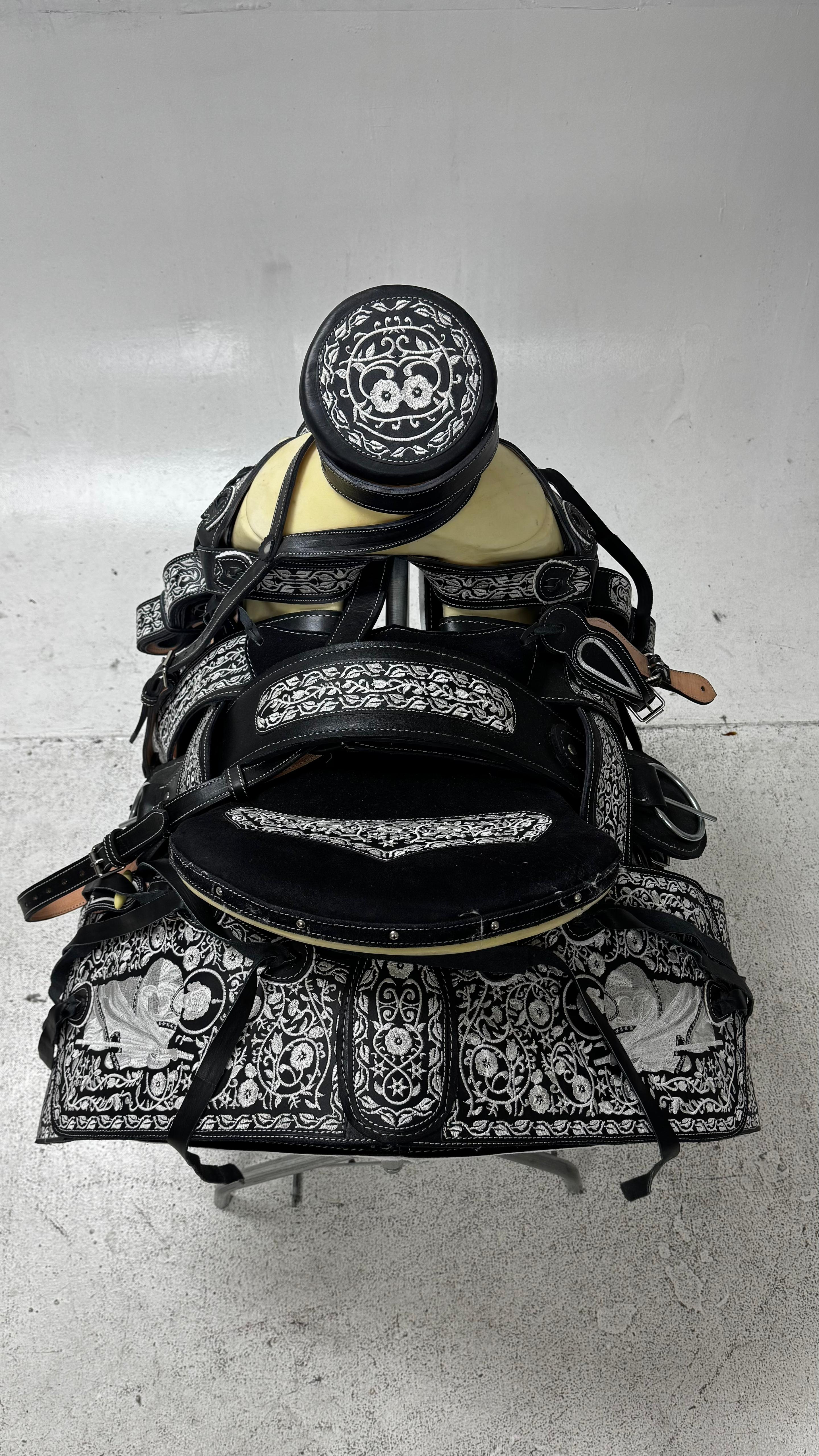 Charro Saddle – Black Leather with Silver Embroidery & San Judas Design (15.5”) “El Diamante de Fe”