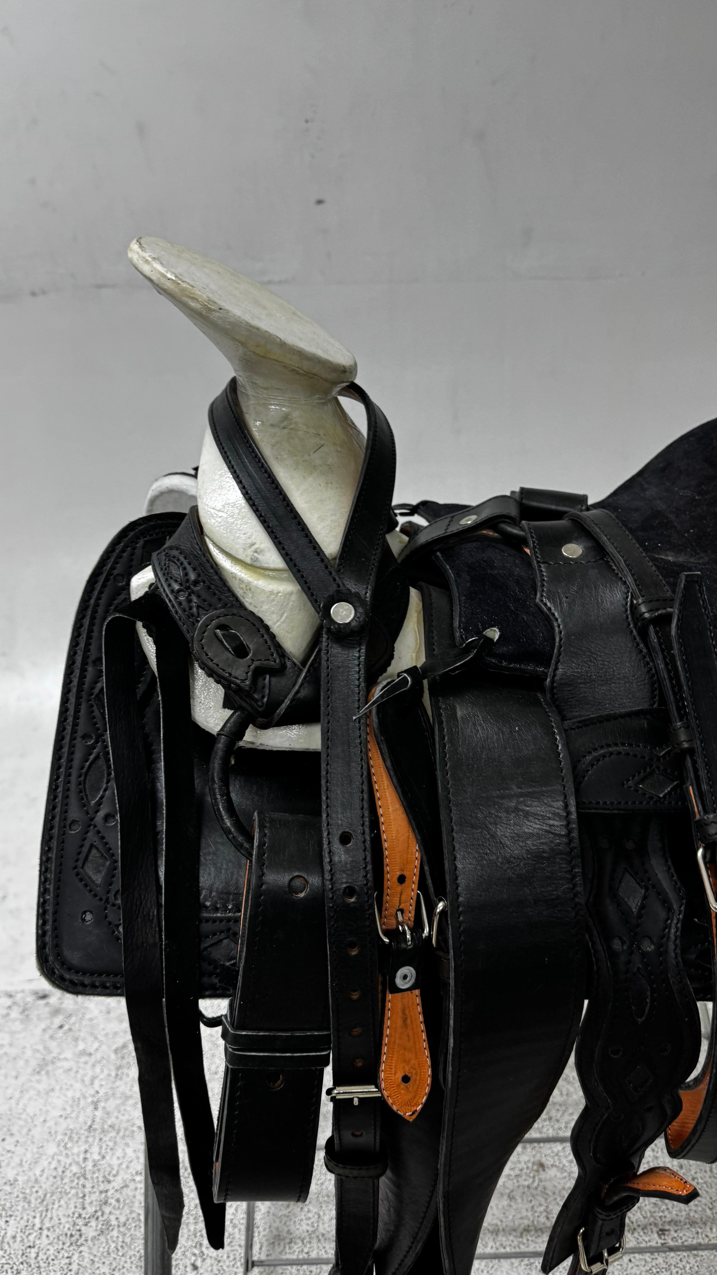 Charro Pony Saddle – Black Leather (12.5”) “El Potrillo Negro”