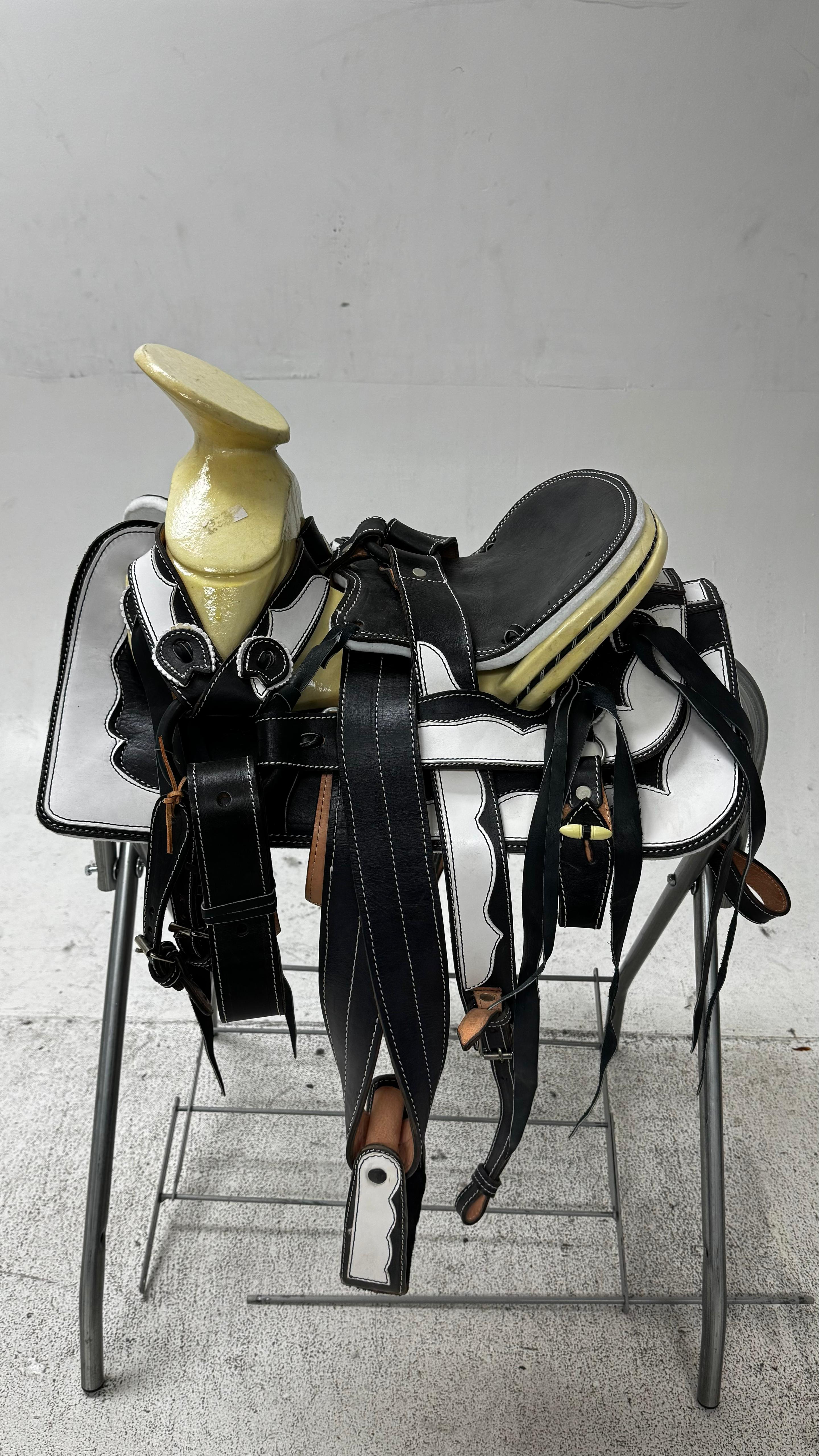 Charro Pony Saddle – Black & White Leather (12.5”) “El Potrillo Blanco”