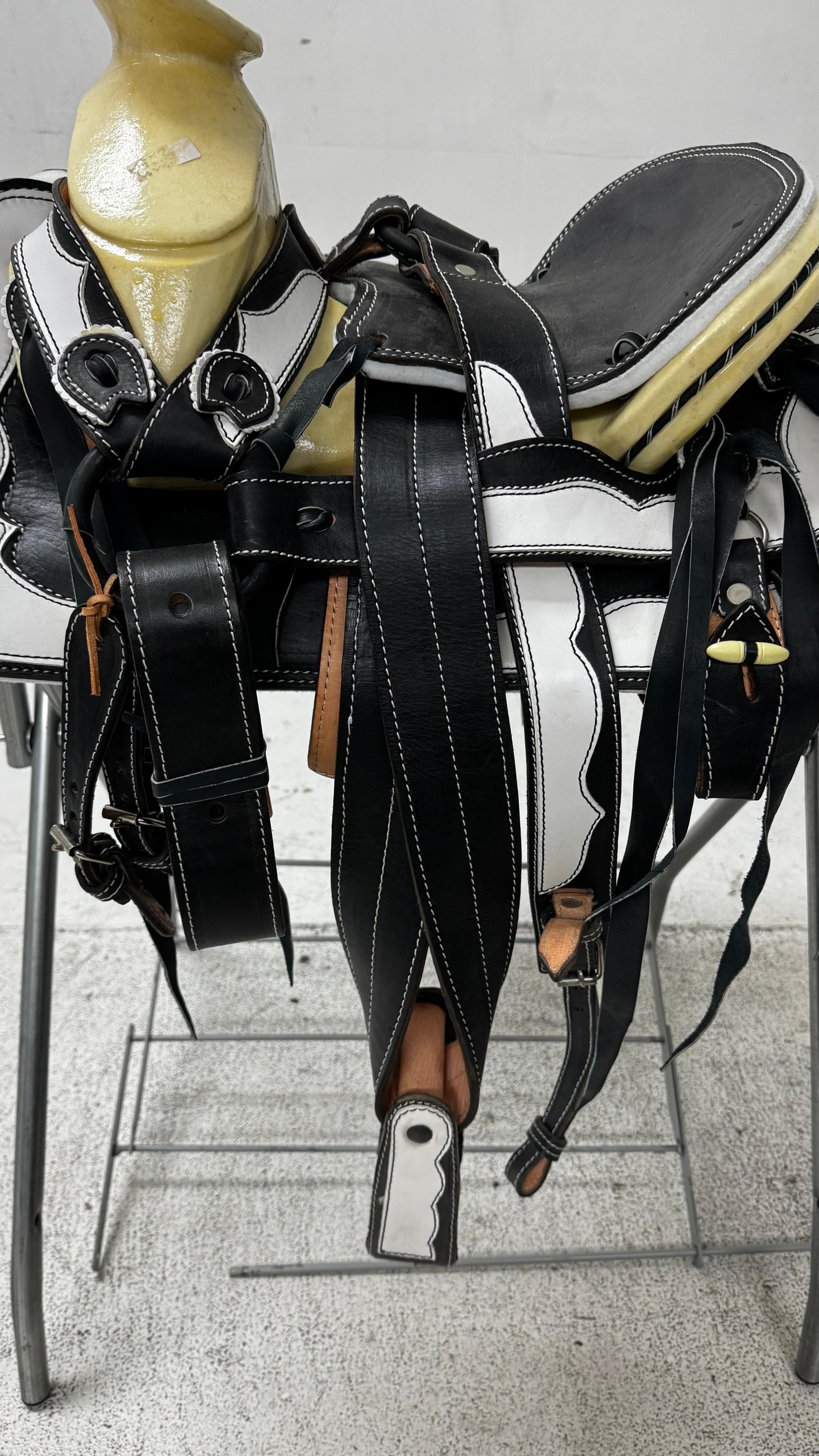 Charro Pony Saddle – Black & White Leather (12.5”) “El Potrillo Blanco”