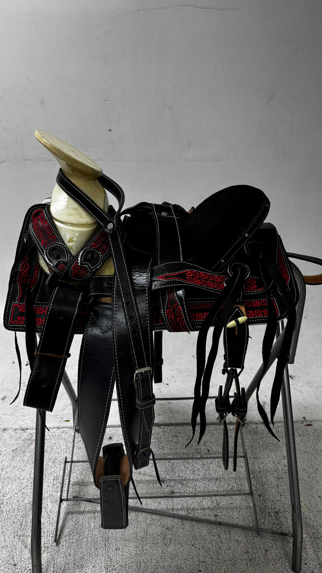Charro Pony Saddle – Black Leather with Red Embroidery (12.5”) “El Potrillo Rojo”