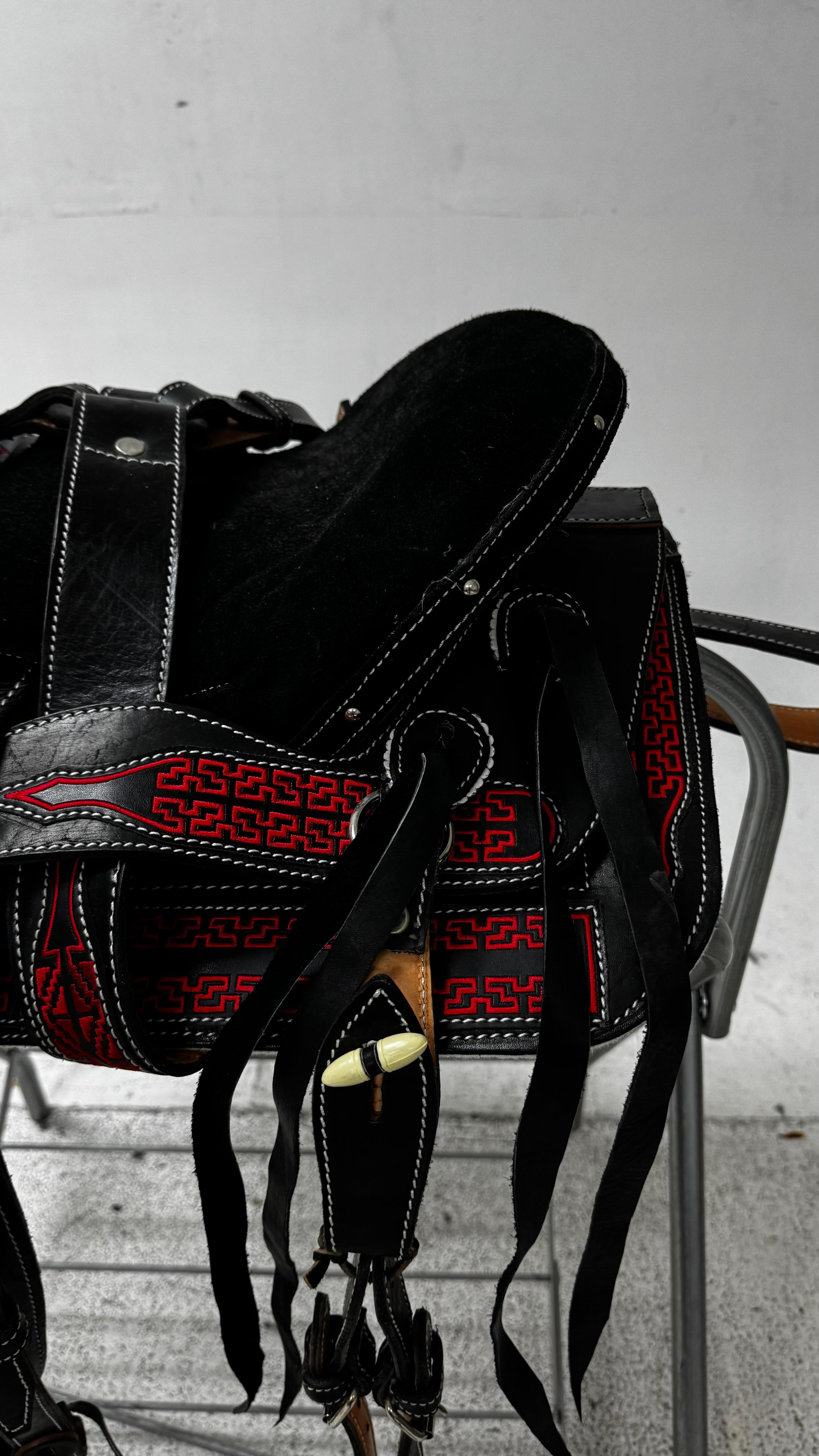 Charro Pony Saddle – Black Leather with Red Embroidery (12.5”) “El Potrillo Rojo”