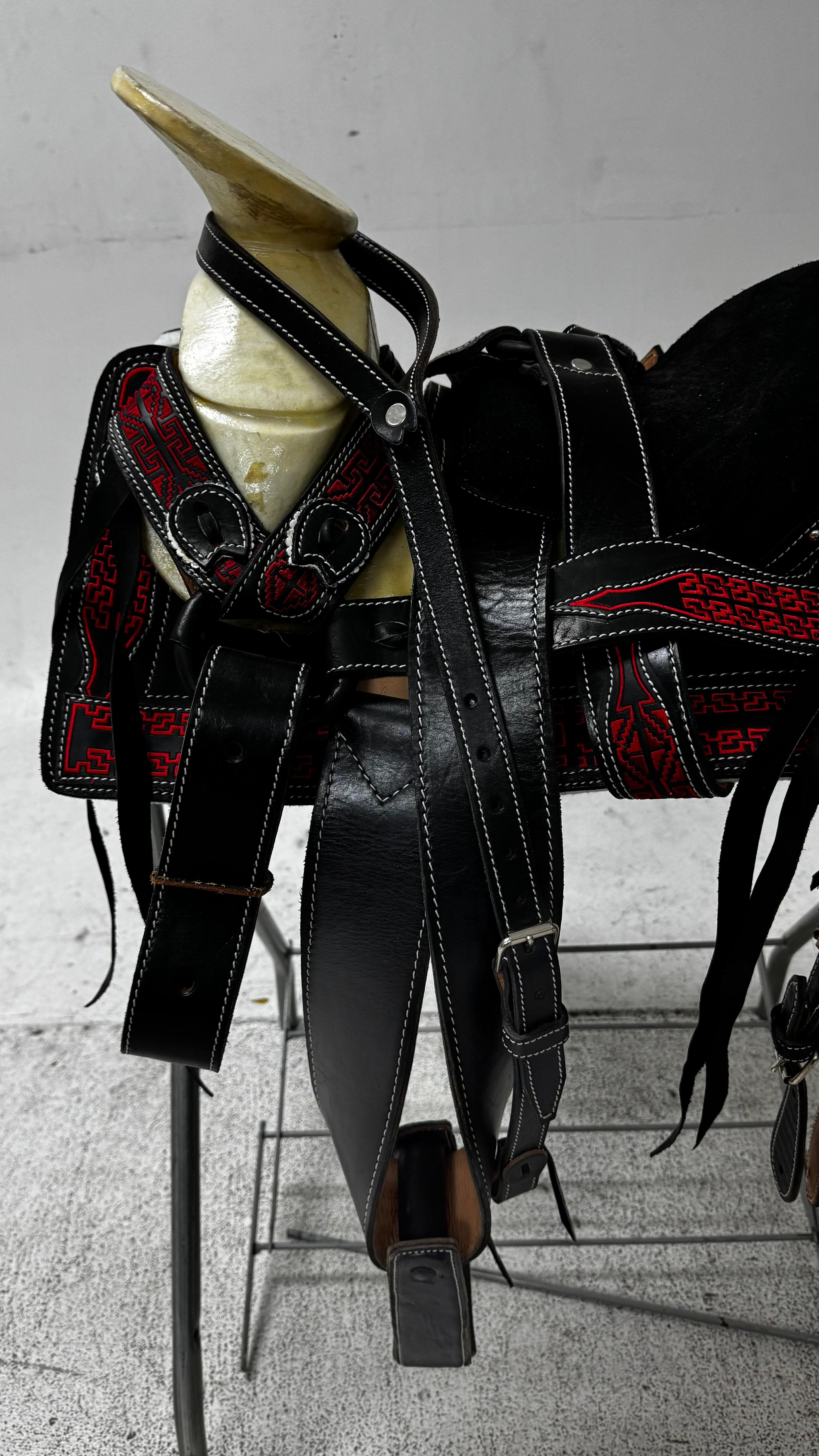 Charro Pony Saddle – Black Leather with Red Embroidery (12.5”) “El Potrillo Rojo”