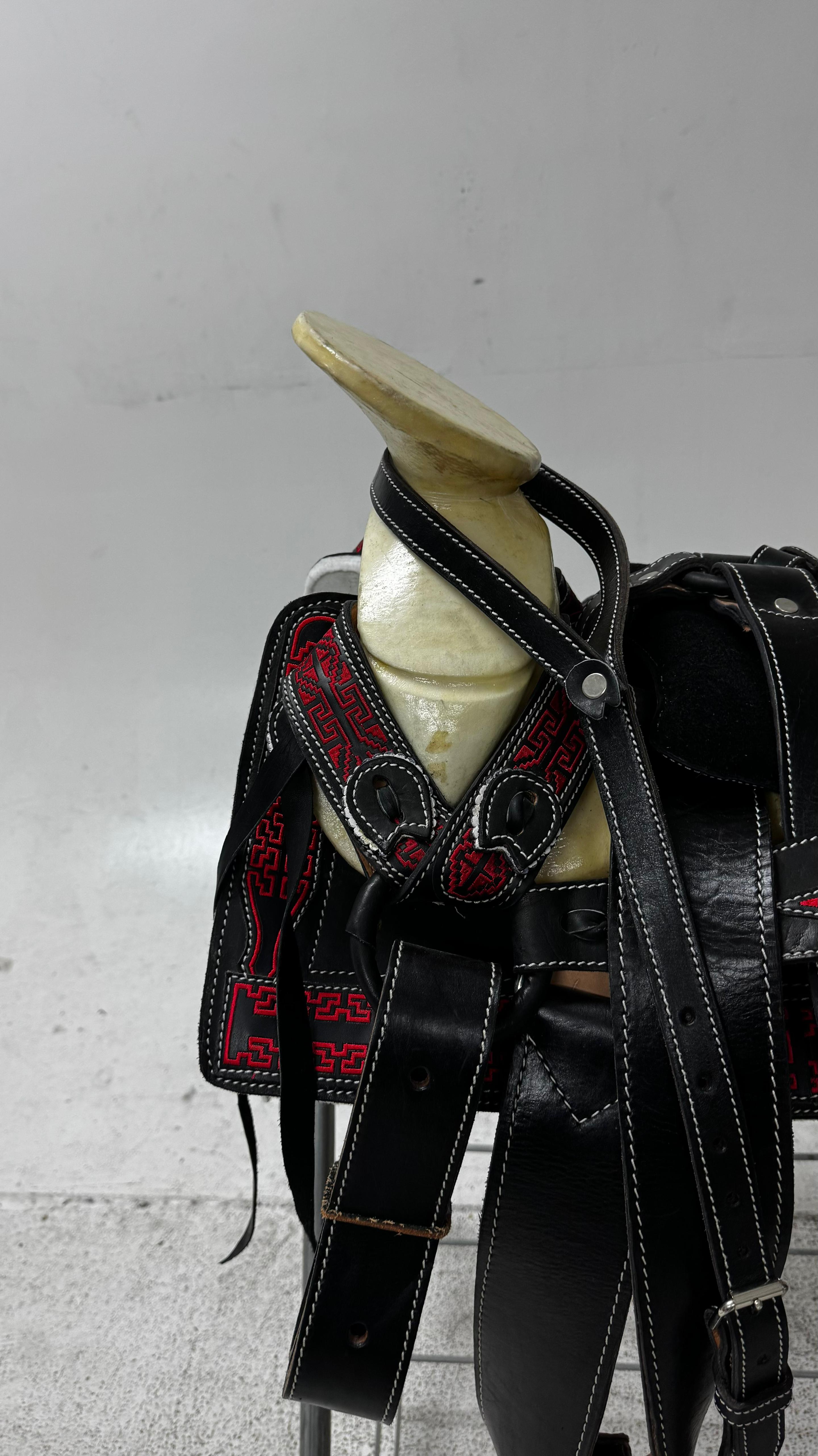 Charro Pony Saddle – Black Leather with Red Embroidery (12.5”) “El Potrillo Rojo”
