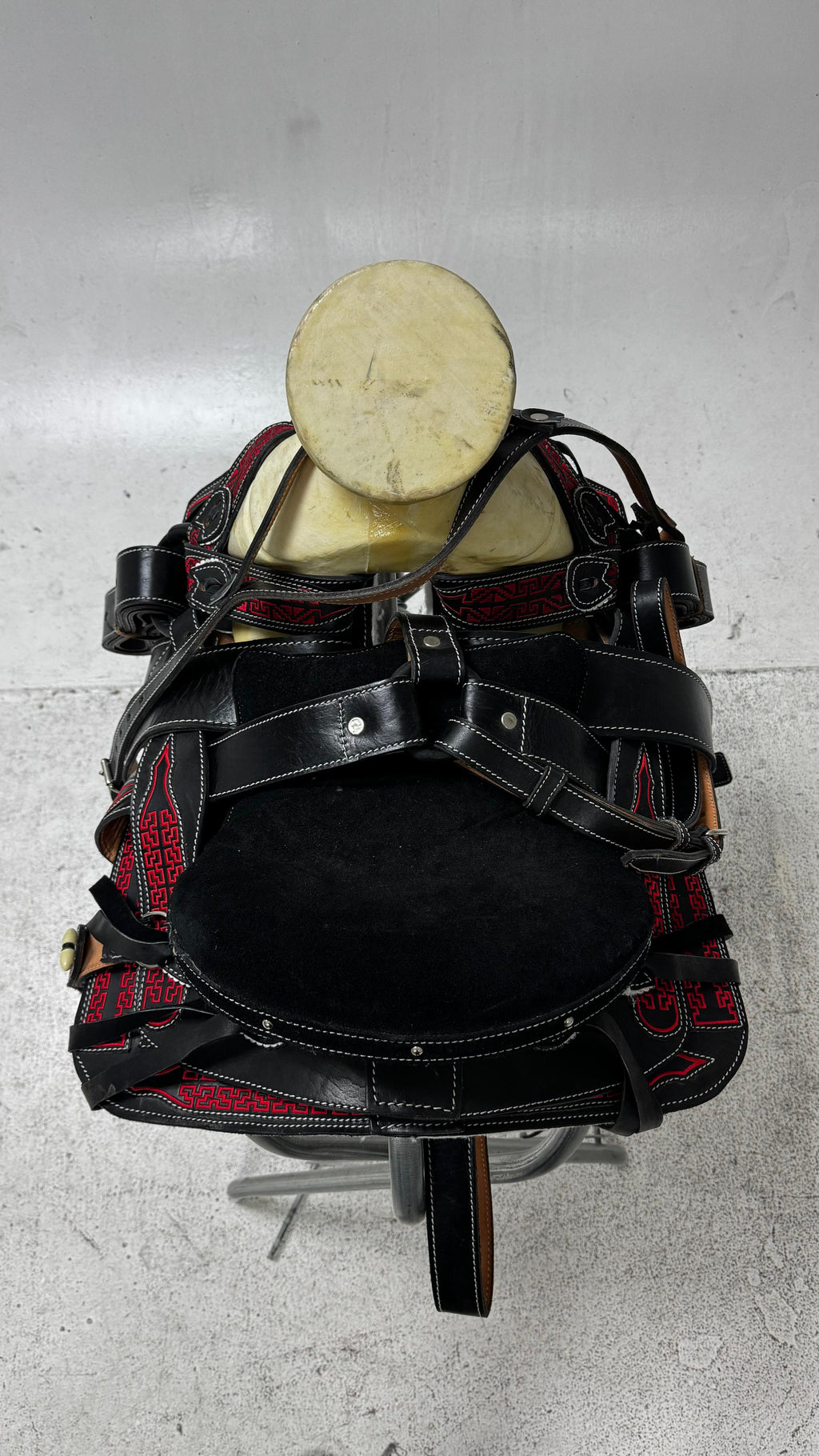 Charro Pony Saddle – Black Leather with Red Embroidery (12.5”) “El Potrillo Rojo”