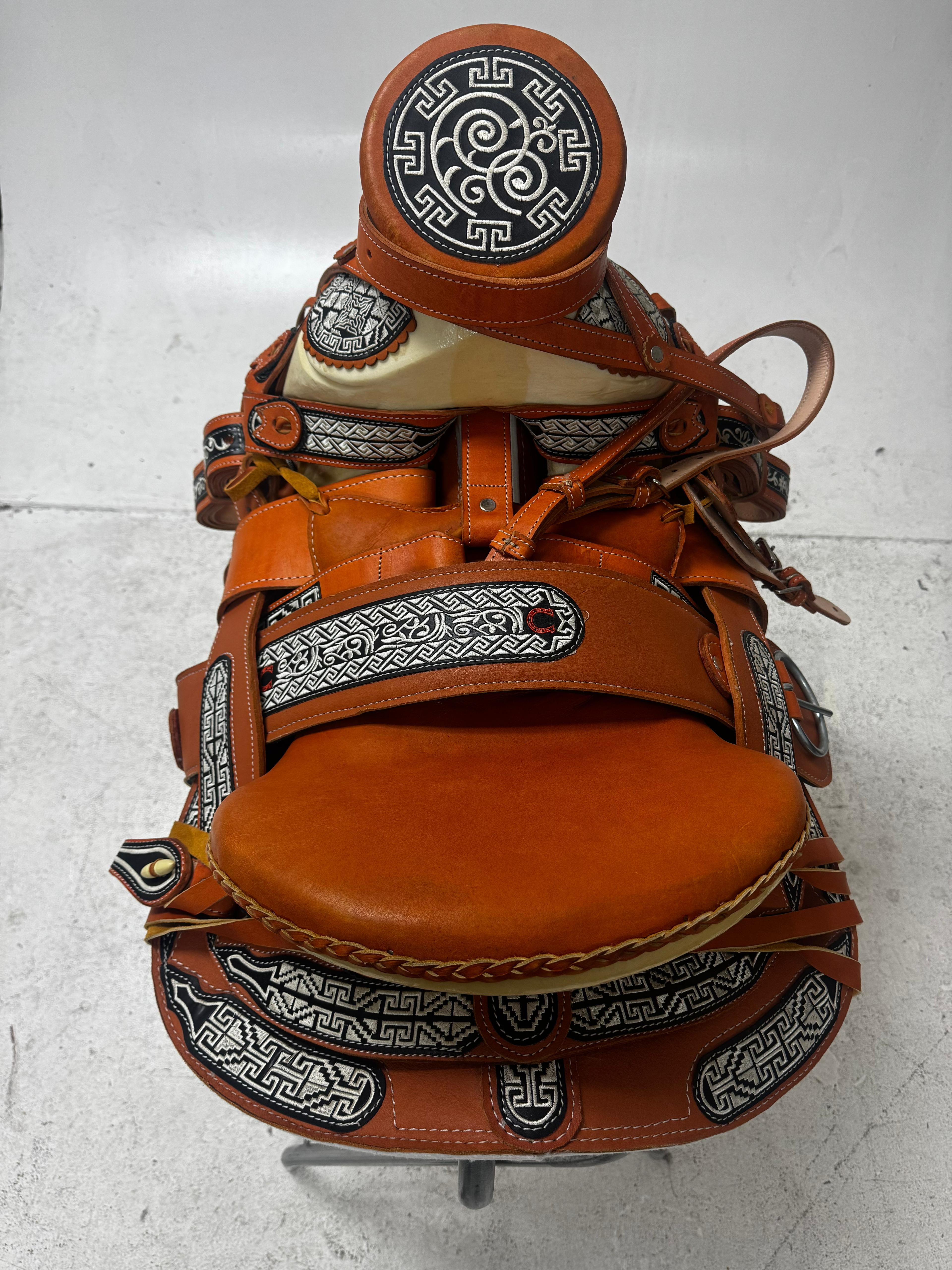 Charro Saddle – Tan Leather with Black & White Greca Embroidery (15.5”) “El Guerrero”