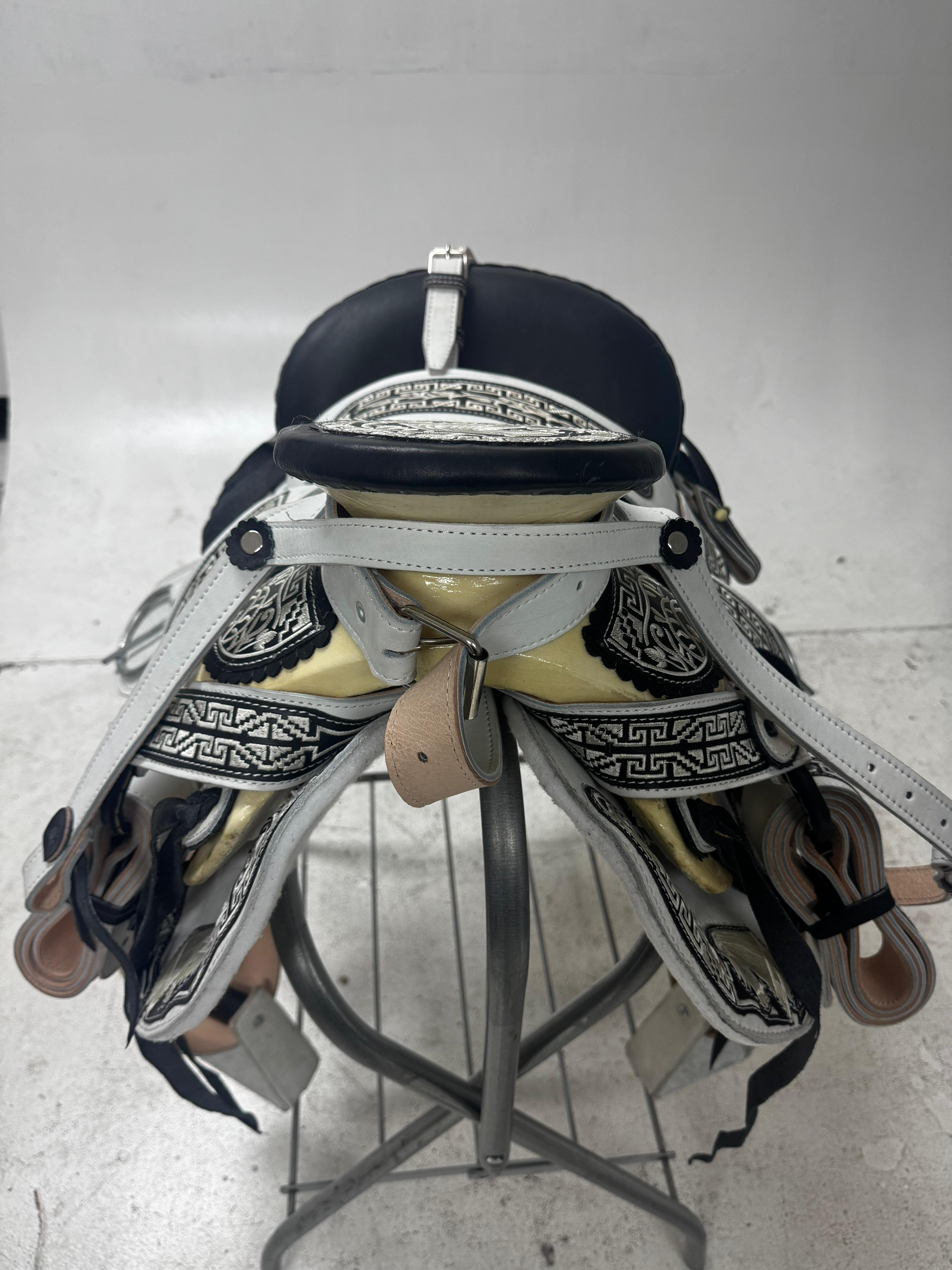 Charro Saddle – White Leather with Black Embroidery (15.5”) “El Caballero”