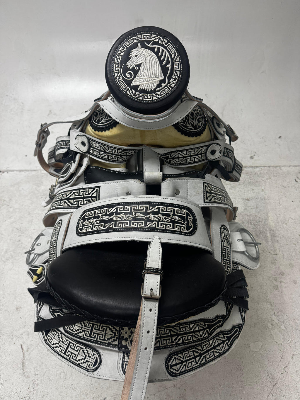 Charro Saddle – White Leather with Black Embroidery (15.5”) “El Caballero”