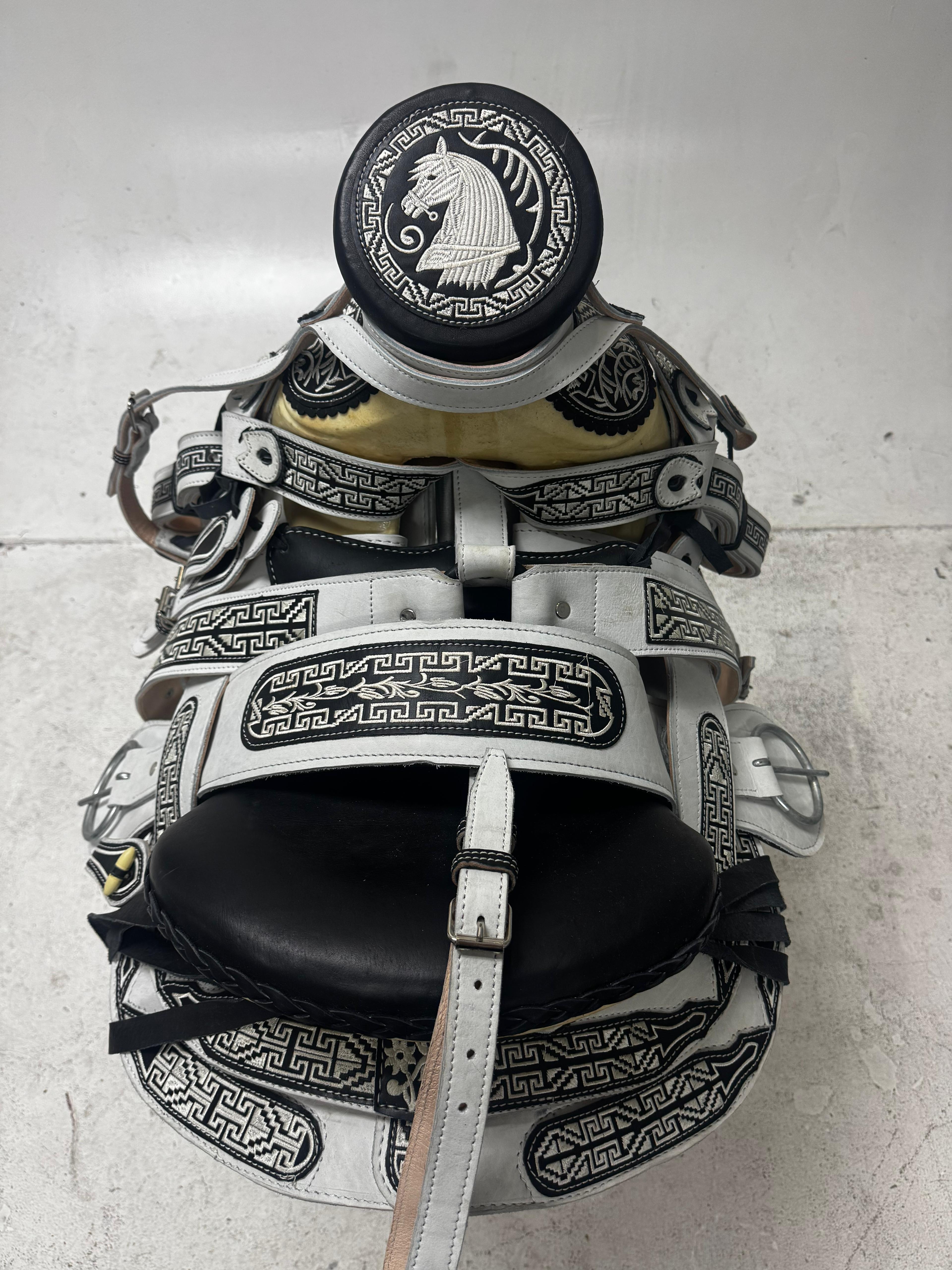 Charro Saddle – White Leather with Black Embroidery (15.5”) “El Caballero”