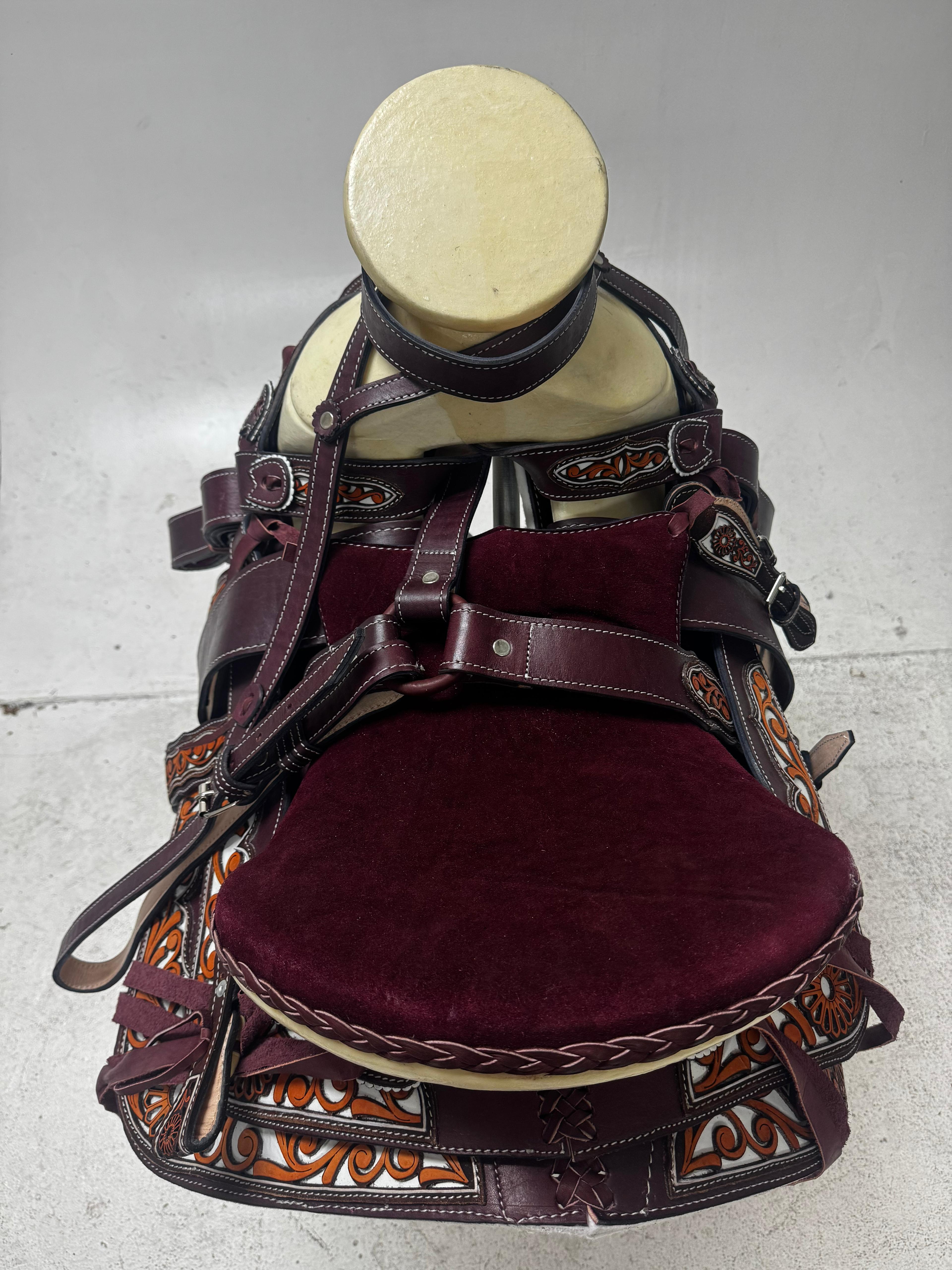 Charro Saddle – Vino Leather with Floral Orange & White Details (15.5”) “El Granate”