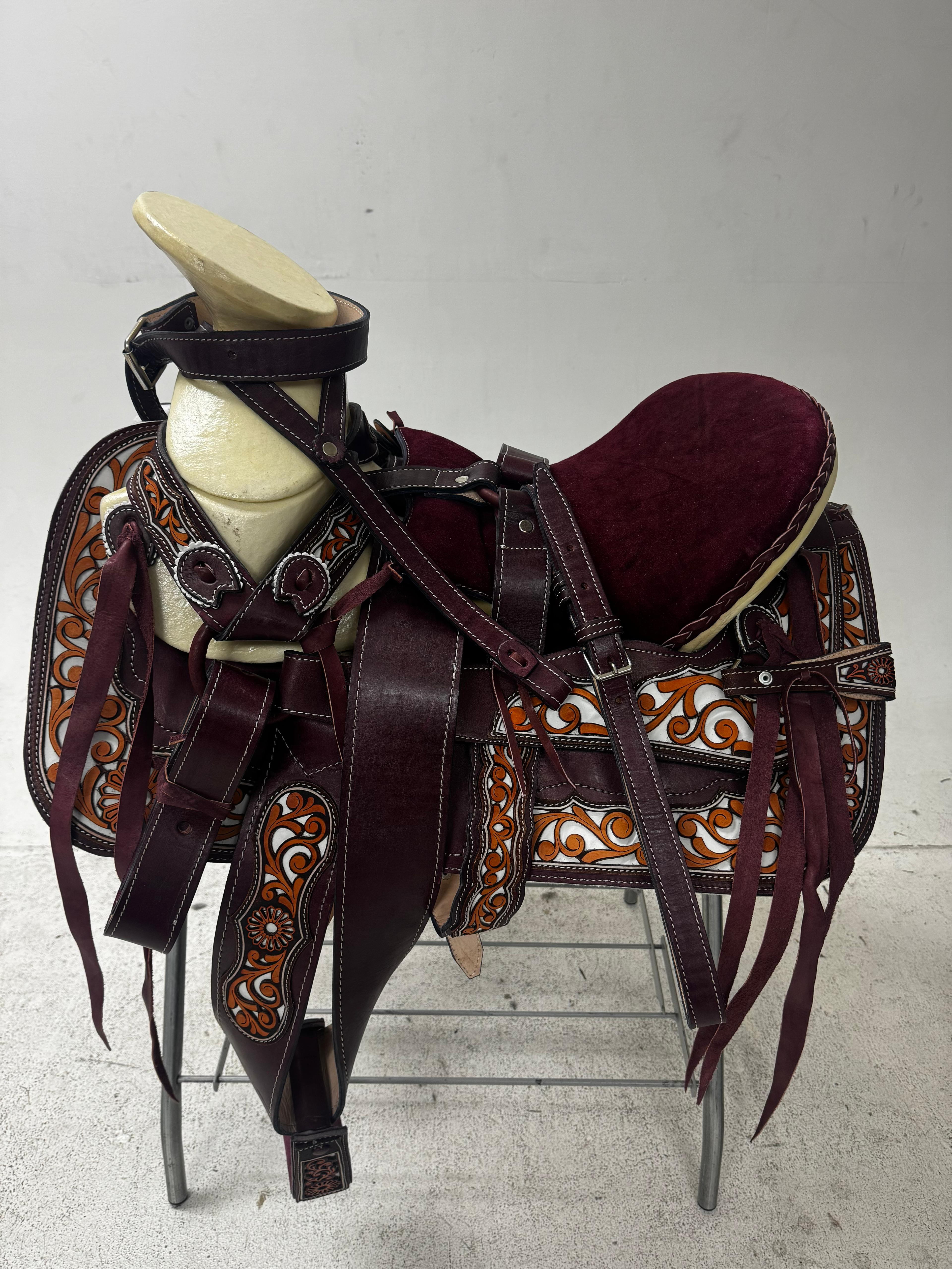 Charro Saddle – Vino Leather with Floral Orange & White Details (15.5”) “El Granate”